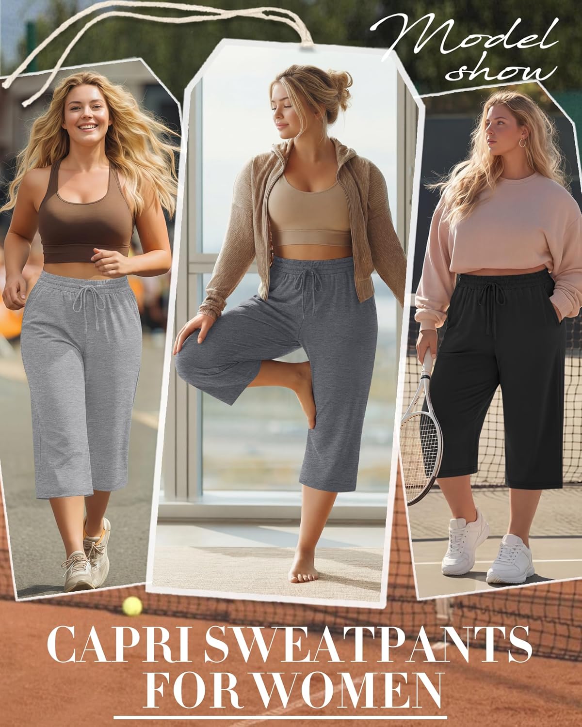 Neer 3 Pack Women's Plus Size Cotton Capris, Stretchy Wide Leg Cropped Pants with Pockets Loose Lounge Pajama Sweatpants - Image 2