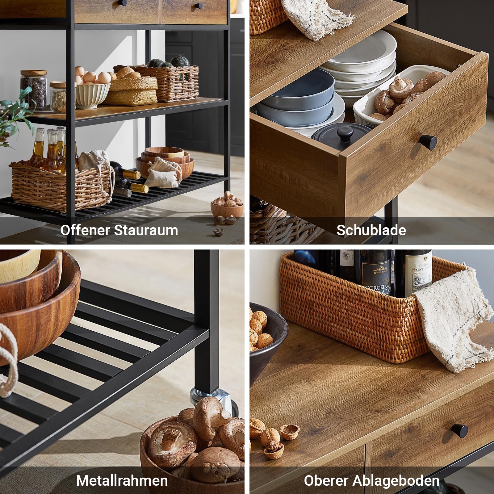 SoBuy Küchenwagen Servierwagen Küchenregal mit 4 Rollen Kücheninsel Flurschrank Sideboard Beistelltisch mit 2 Schubladen und 2 Ablagen Rollwagen Industrie-Design BHT ca.: 100x93x45cm FKW112-PF