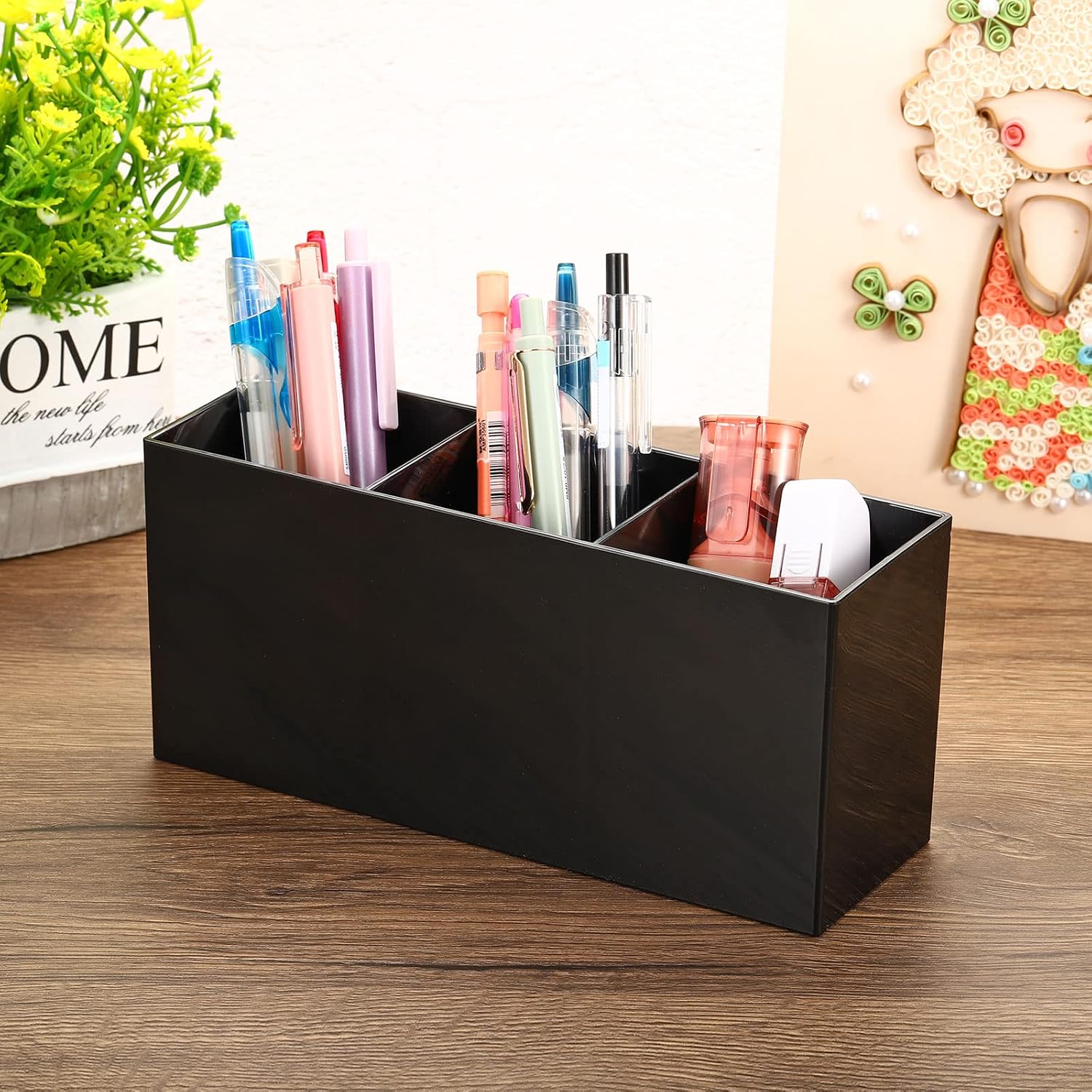 PATIKIL 3 Compartments Clear Acrylic Pen Holder, 2 Pack Pencil Holder Pen Organizer Pencil Cup Makeup Brush Holder Square for Countertop Desk, Black