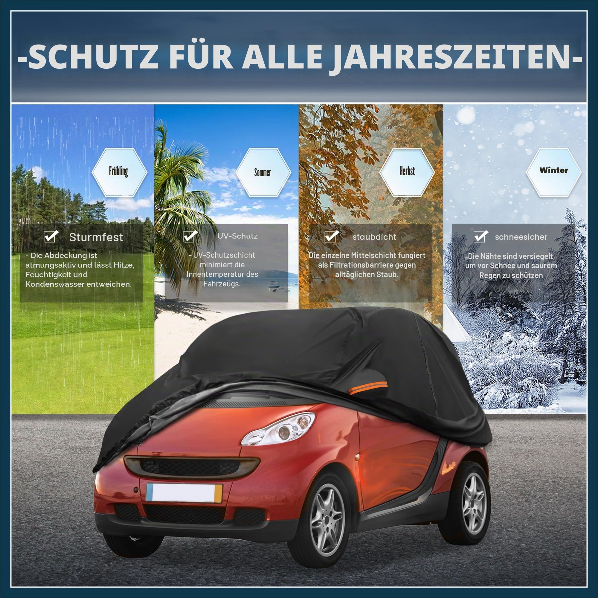 Autoabdeckung für Smart Fortwo 2007–2023 210D-PU Oxford Outdoor Vollständige Autoabdeckung Allwetter Wasserdicht Winddicht Schutz mit Fahrertür Reißverschluss Schwarz Autoteile