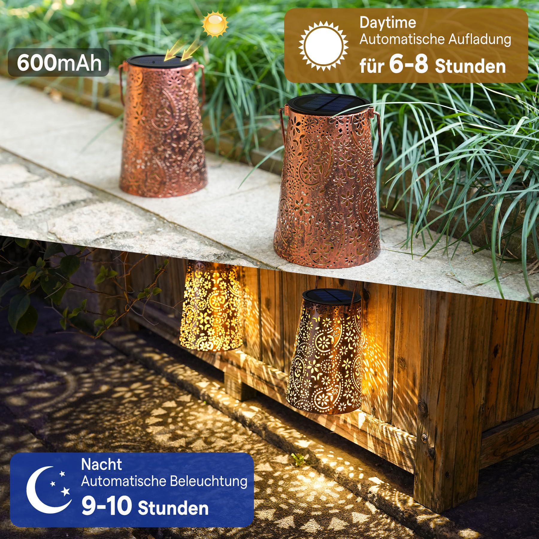 JOYCREATOR 2 Stück Solarlaterne für Außen Wasserdicht, Paisley Solar Laternen für Draußen Hängend, Metall Deko Solarlampen für Außen Garten für Terrasse Patio Baum Rasen Vintage