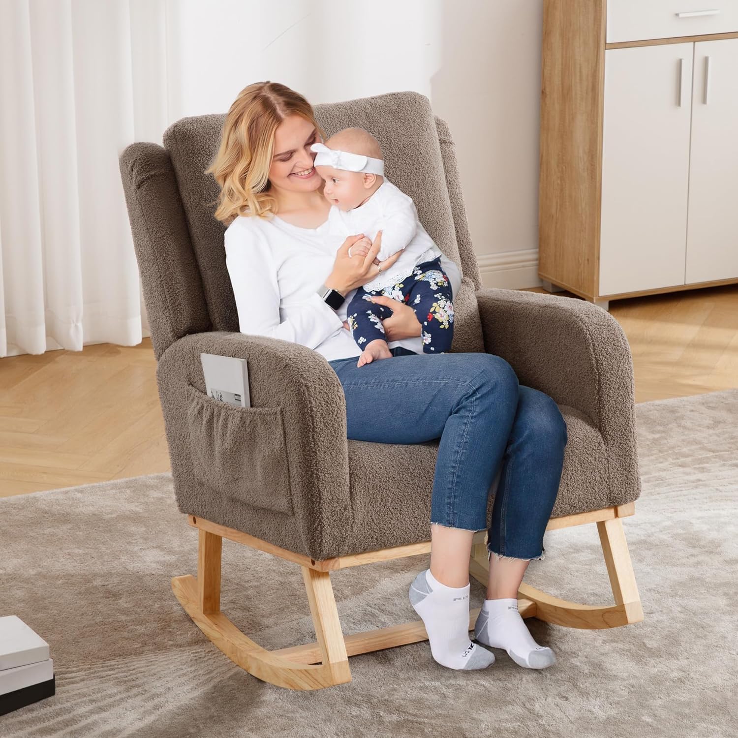 Rocking Chair Nursery, Teddy Nursing Rocking Chairs, Upholstered Nursery Glider Rocker Wingback Morden Rocking Chair with Lumbar Pillow for Mom Nursery, Living Room, Bedroom, Coffee