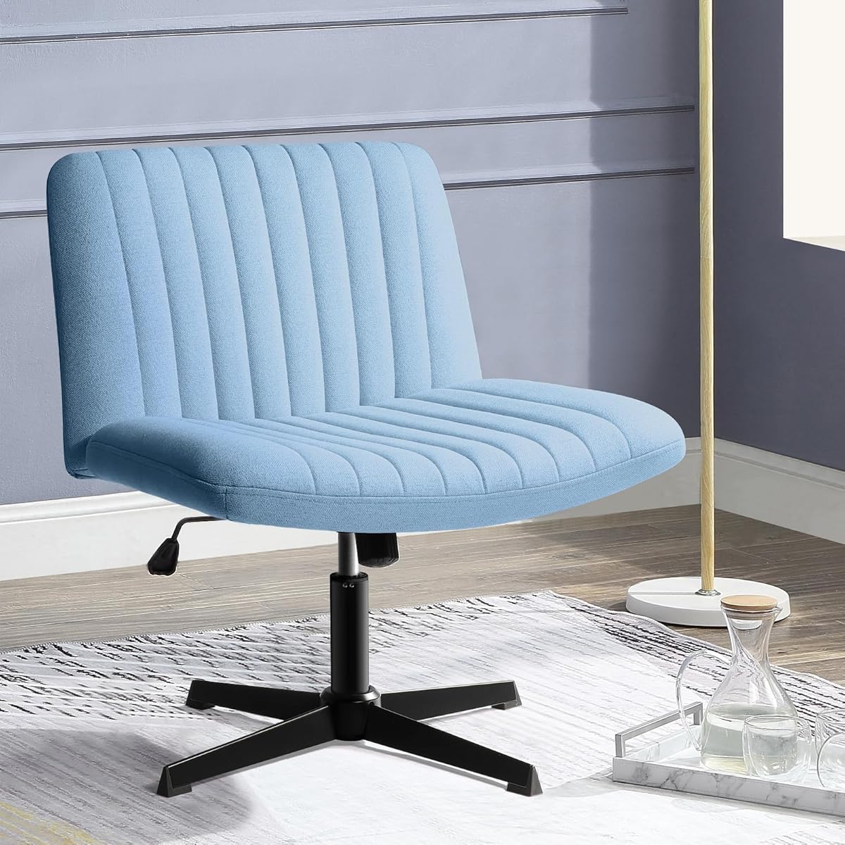 PUKAMI Criss Cross Chair,Armless Cross Legged Office Desk Chair No Wheels,Fabric Padded Modern Swivel Height Adjustable Mid Back Wide Seat Computer Task Vanity Chair for Home Office (Light Blue)