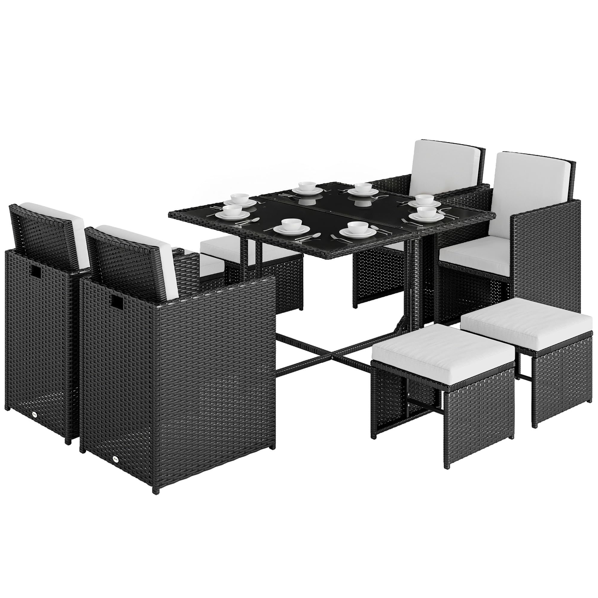 Outsunny Ensemble Salon de Jardin encastrable 8 Personnes 9 pièces résine tressée 4 Fils Imitation rotin Noir Coussins déhoussables crème