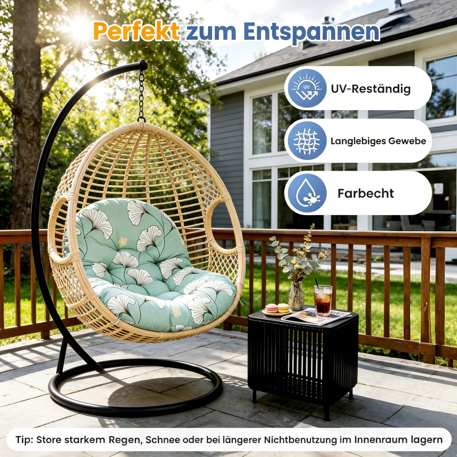 Kissen für Egg Chair, Hängesessel-Kissen 120 x 85 x 18 cm, wasserfestes Ersatzkissen für Schaukelstuhl (nur Kissen), dickeres Hängesessel-Kissen für Garten, Außen- und Innenbereich, Blatt