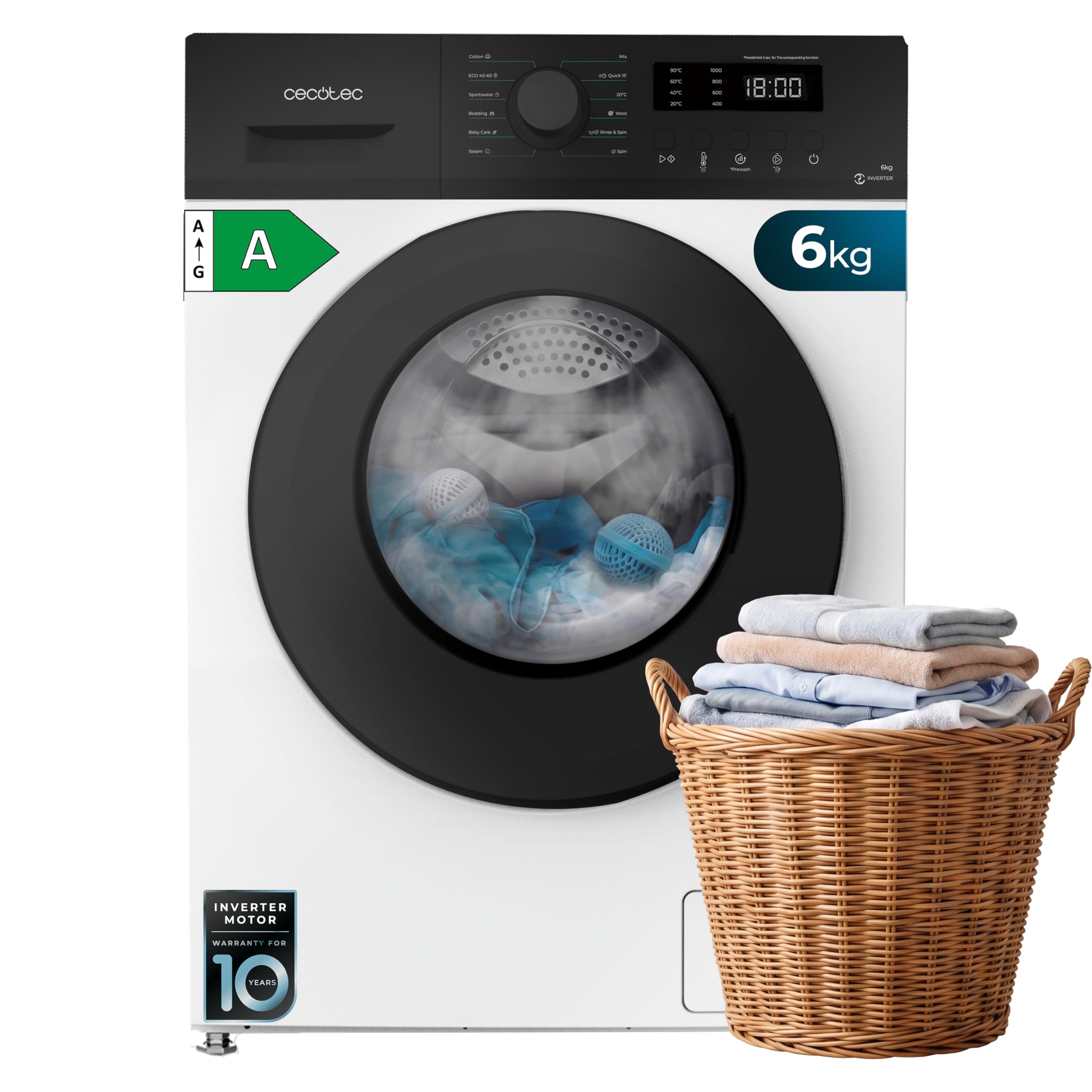 Cecotec Lavadora 6 Kg Carga Frontal Bolero DressCode 6150 Inverter A HairCatch Kit. 1650W, 1000 rpm, 12 programas, Motor Inverter Plus, Steam Max, Drum Clean, Delay Start y Child Lock. con descuento