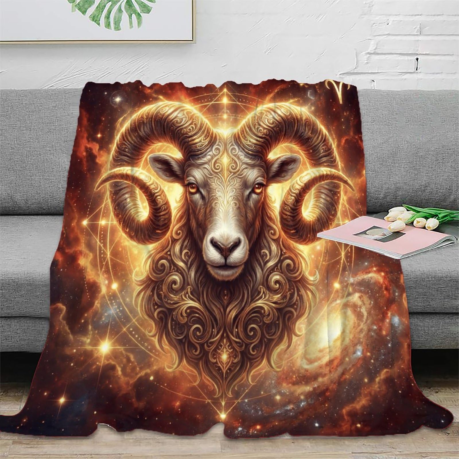 W7C8U2X3 Aries Zodiac Flaming Starry Flannel Throw Blanket, Office Nap Use