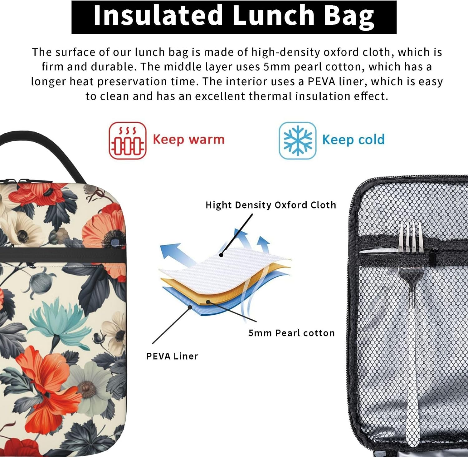 Insulated Lunch Box for Women Adults Girls Floral Lunch Bag for Work,Picnic,School,Travel,Hiking, Beach or Fishing Polyester Red Floral Lunch Box