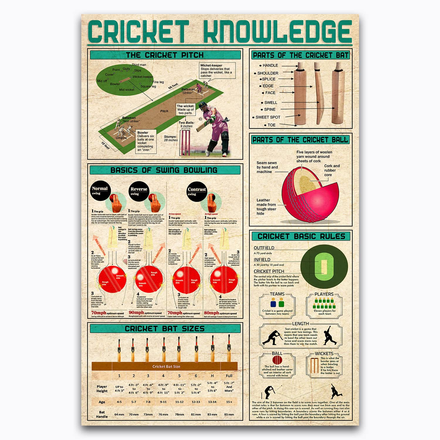FJQWKLF Cricket Knowledge Metal Signs Cricket Technology Tricks Infographics Club Posters Home Room Wall Decor 12x16 Inches