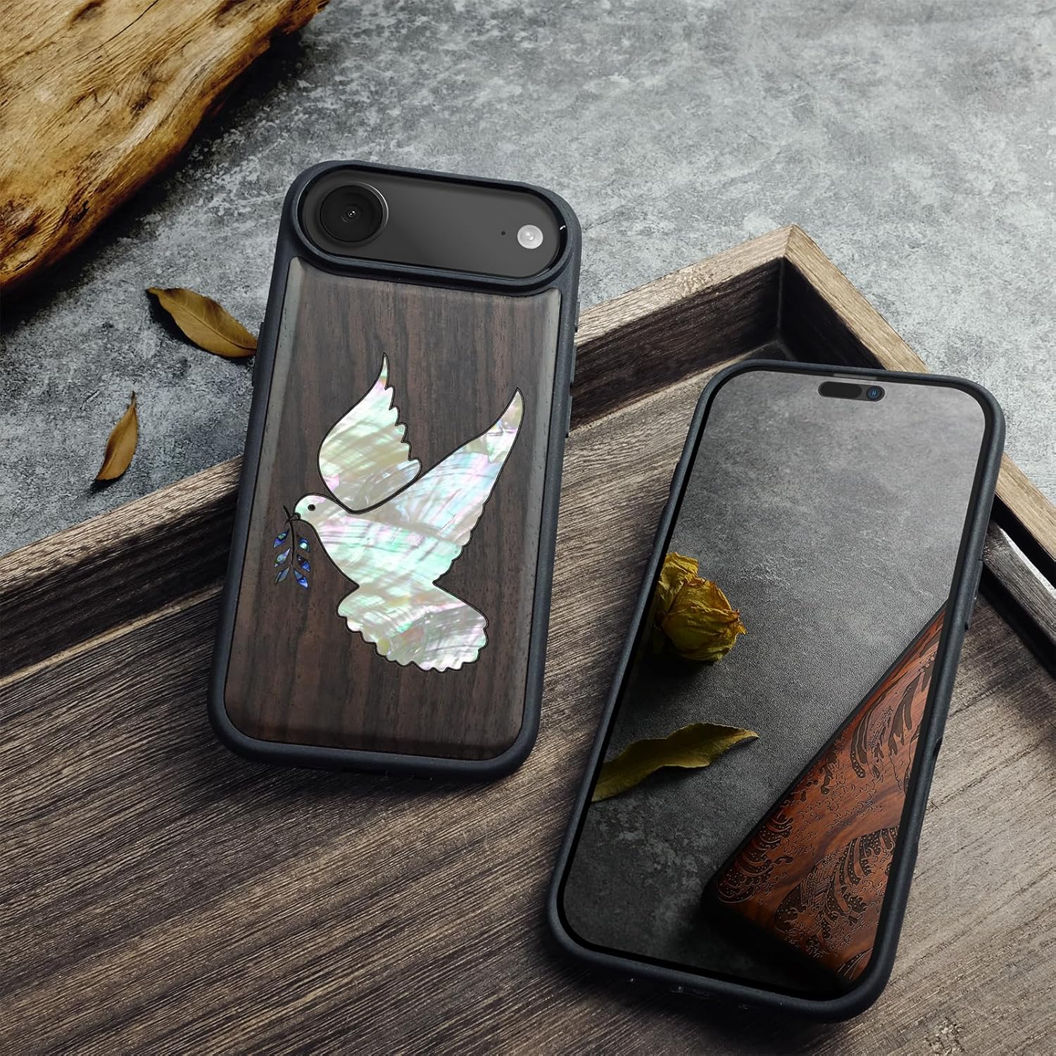 Carveit Magnetic Case for iPhone Air Case, Wood Artisan Engraved & Handmade Shell Inlaid, TPU Shockproof Cover, Compatible with MagSafe 17 Air Wireless Chargers (White-Dove-Blackwood)