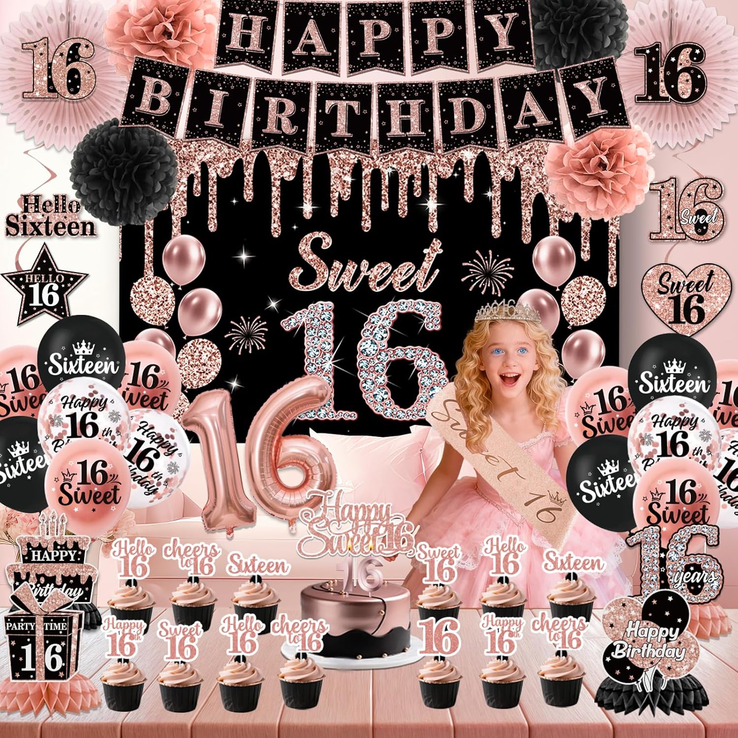 Sweet 16 Party Decoration for Girls Happy 16th Birthday Decorations Black Rose Gold Balloons,Banner,Sash,Hanging Swirls,Cake Topper,Crown,Backdrop,Paper Pom Pom Fans,Sixteen Party Supplies Deco