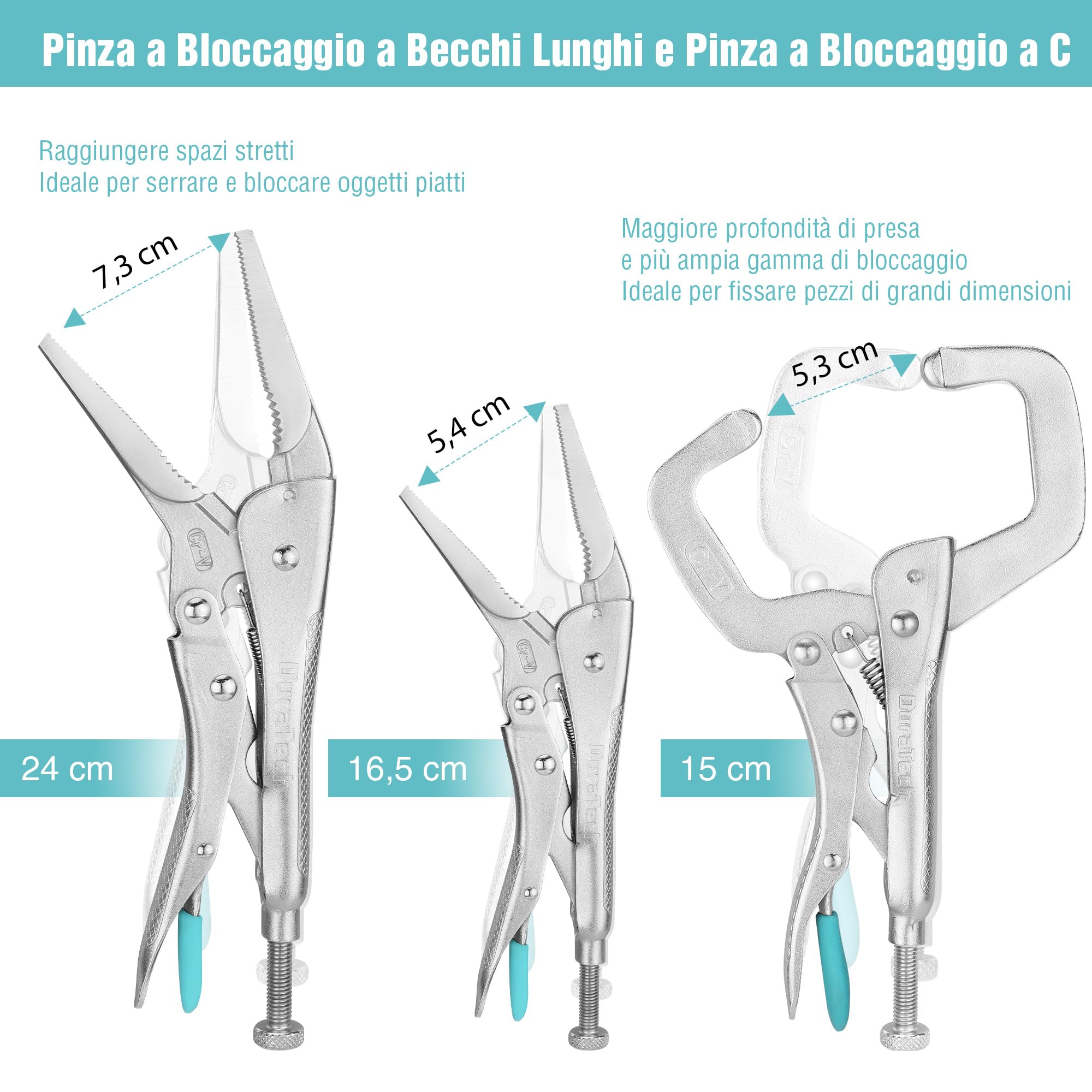 DURATECH 6 Pezzi Set di Pinze di Bloccaggio, 2 Pinze a Naso Lungo da 16,5 e 24 cm, 3 Pinze a Ganasce Curve da 12,7 e 17,8 e 25,4 cm, 1 Pinze con Morsetto a C da 15 cm, Custodia Incluso