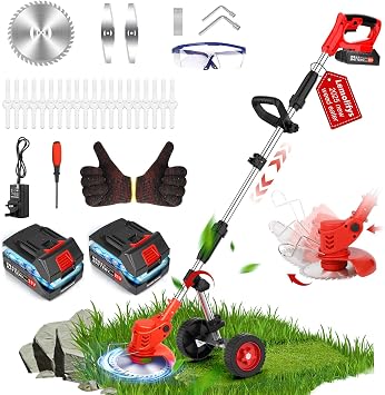 Cordless Weed Wacker with Wheel, Electric Weed Eater Battery Powered W/Blade, 3 in 1 Weed Trimmer Edger Weed Brush Cutter Mower, No String Grass Trimmer Wheel Yard Garden Tool