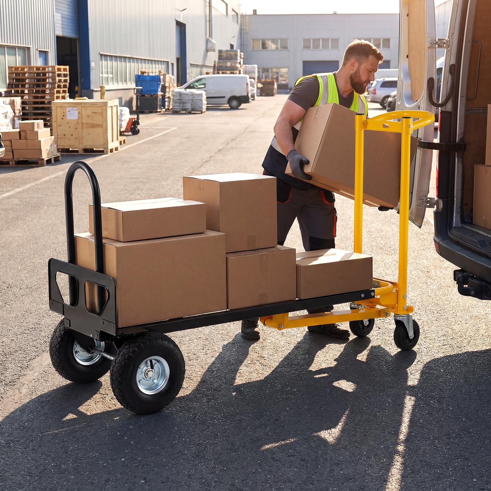 COSTWAY Carretilla Plegable 3 en 1, Carretilla con Rueda de Goma de Carga 136 kg, Carrito Plataforma en Modo de 4 o 2 Ruedas y Asa Ergonómica, Carro para Transporte y Mudanzas en Oficina y Almacén