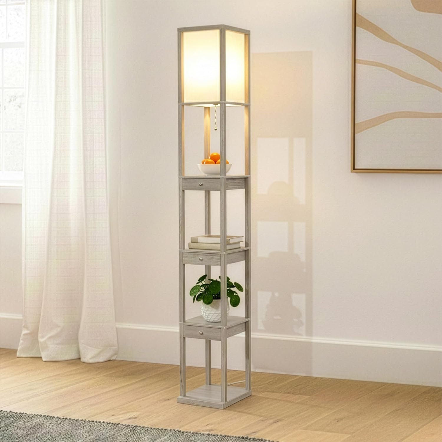 Brightech Maxwell Drawer Edition - Modern Shelf Floor Lamp with Drawer - Corner Display Floor Lamps with Shelves for Living Room, Bedroom and Office - Rustic Wood