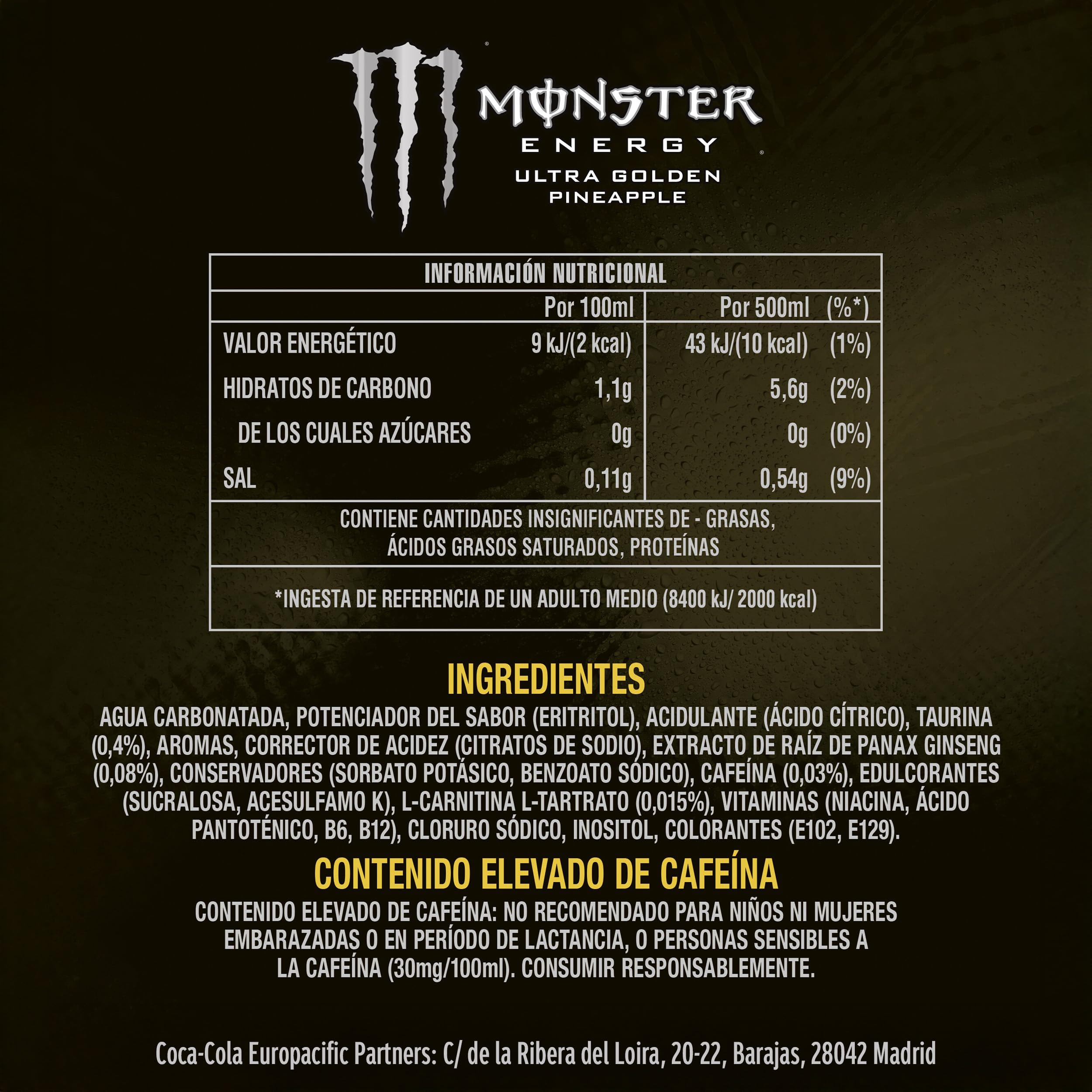 Monster Ultra Gold Zero Bebida Energética sin Azúcar Pack 12 latas 500ml