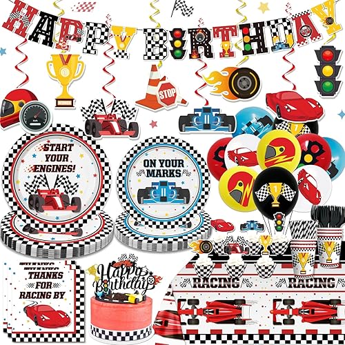 189 piezas de decoración de fiesta de cumpleaños de coches de carreras, incluye platos de coche de carreras y servilletas, pancarta, colgante