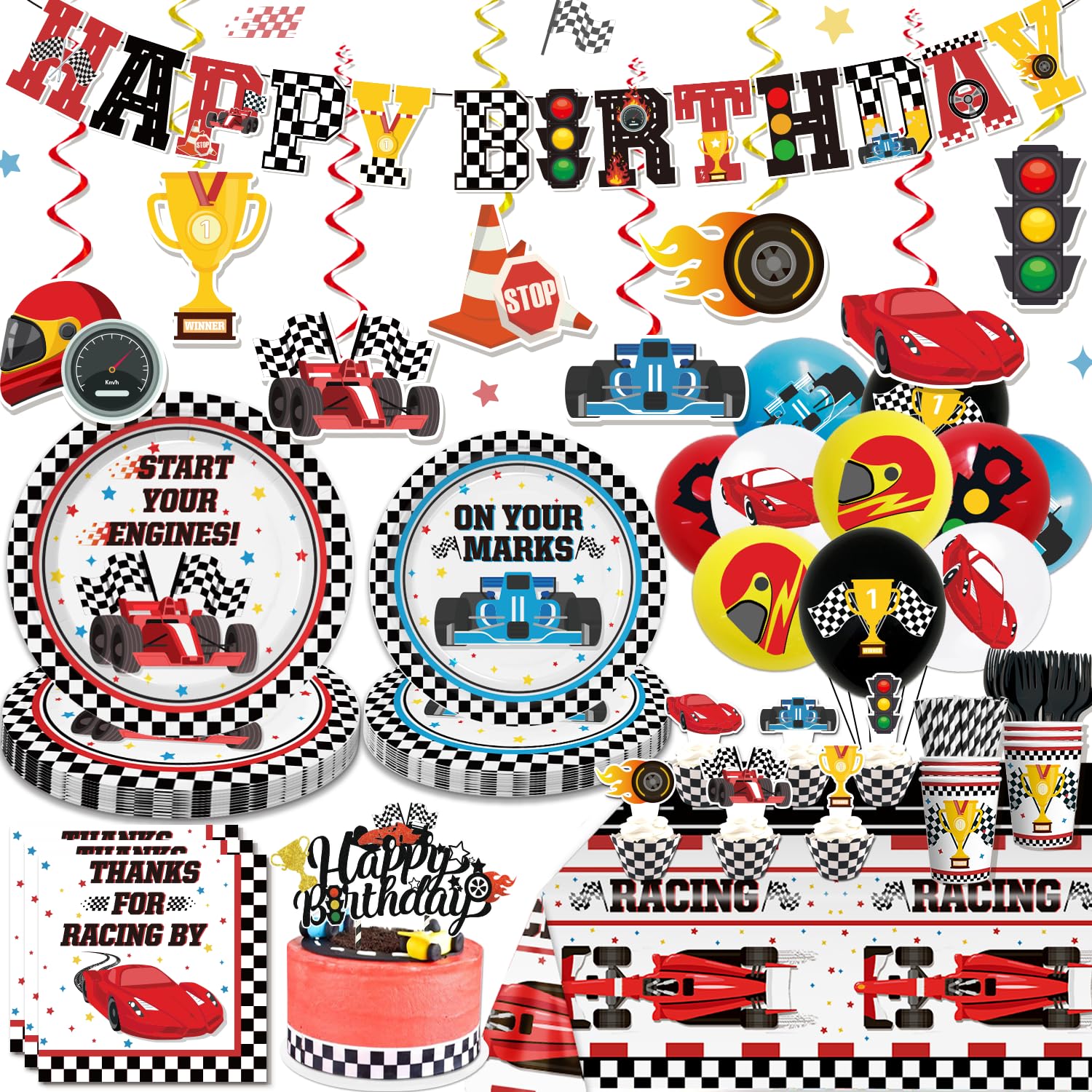 189pcs Race Car Birthday Party Decorations Include Race Car Plates and Napkins Set, Banner, Hanging, Tablecloth, Balloon, Cupcake Topper, for Boys