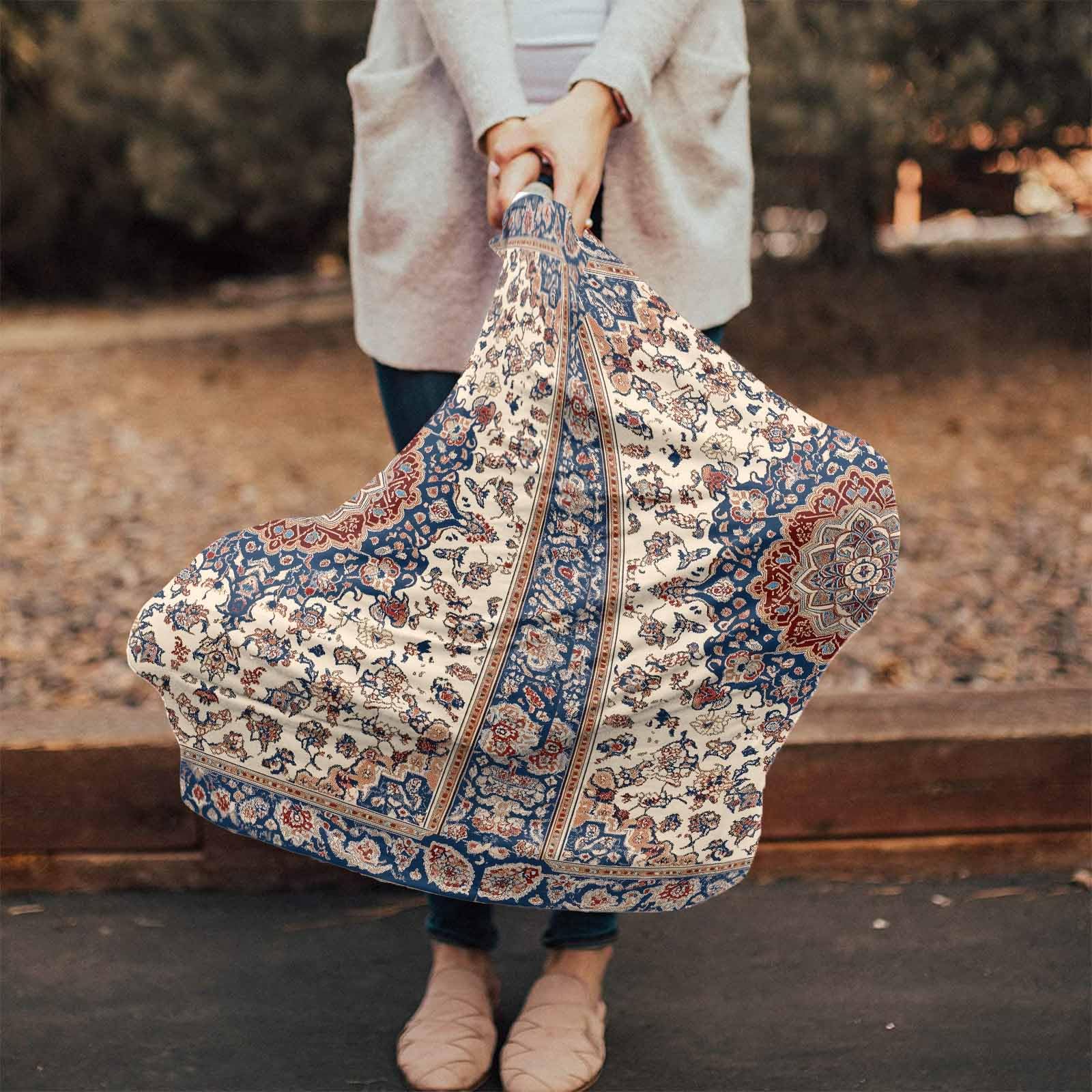 Nursing Cover for Breastfeeding Scarf, Complex Navy Blue Beige Ethnic Print Baby Car Covers Super Soft Multi Use for Canopy Shopping Cart Cover Blanket Stroller Cover