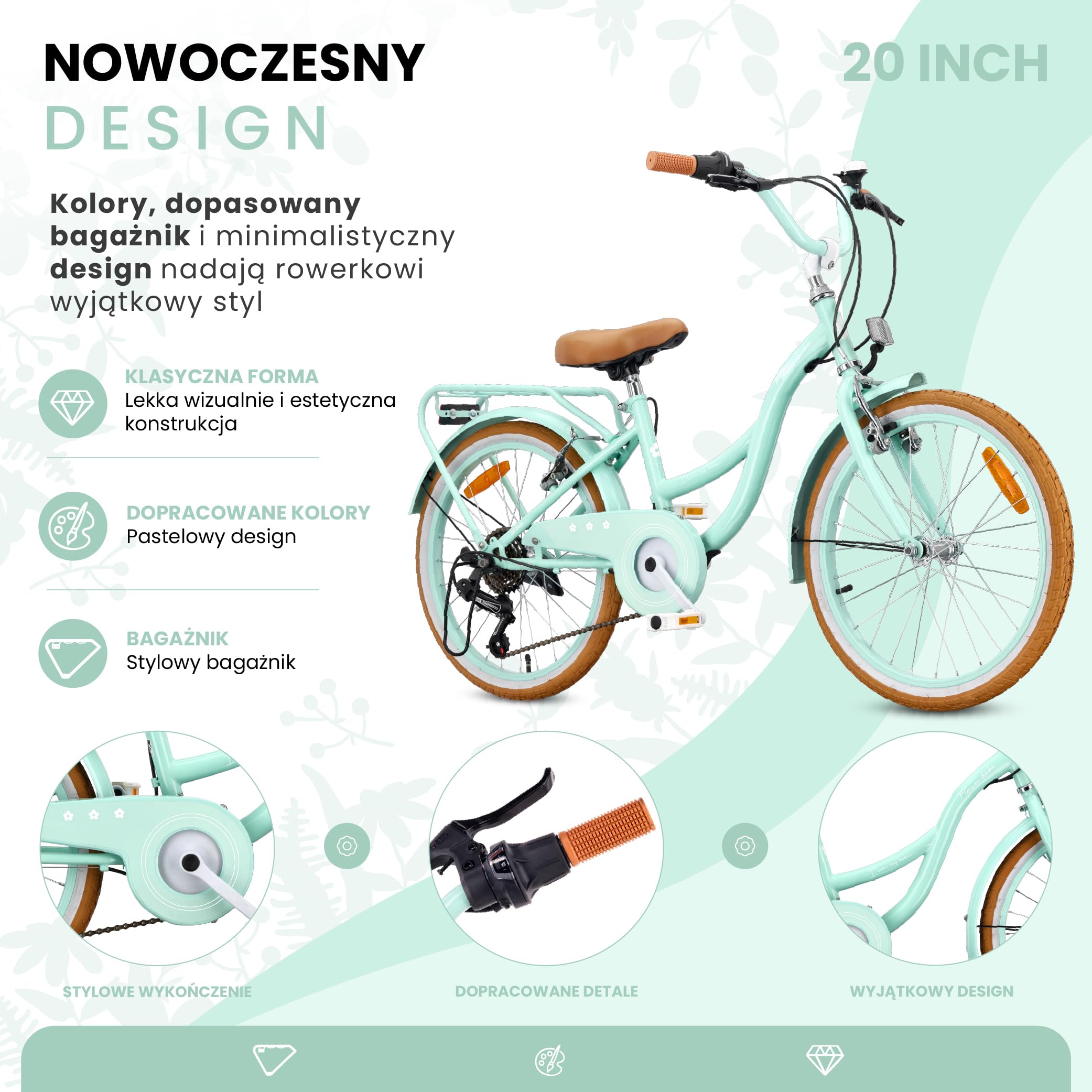SUN BABY FLOWER BIKE RETRO Rower dziecięcy dla dziewczynki | Stalowa rama, hamulce V-Brake, błotniki, osłona łańcucha, odblaski, dzwonek i regulowana wysokość