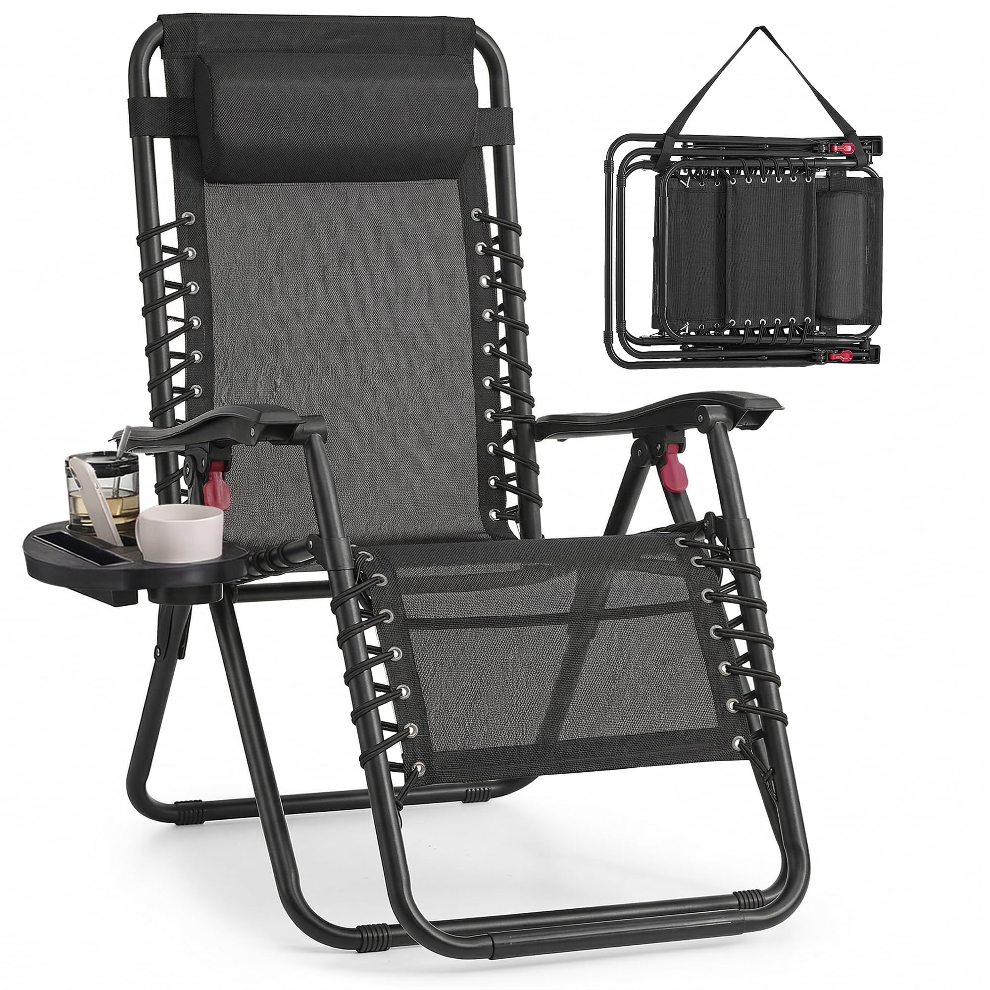 SONGMICS Set of 2 Zero Gravity Reclining Chairs, Folding Sun Loungers with Tray, Adjustable Headrest, Max. Load 110 kg Each, for Patio, Garden, Black GLB032BZ02 — view 8