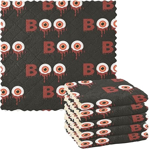 Halloween Bloody Eyes Boo 6 Pack Quick Dry Dish Clothes for Washing Dishes Decor Quality Flour Sack Kitchen Towels for Countertop Table