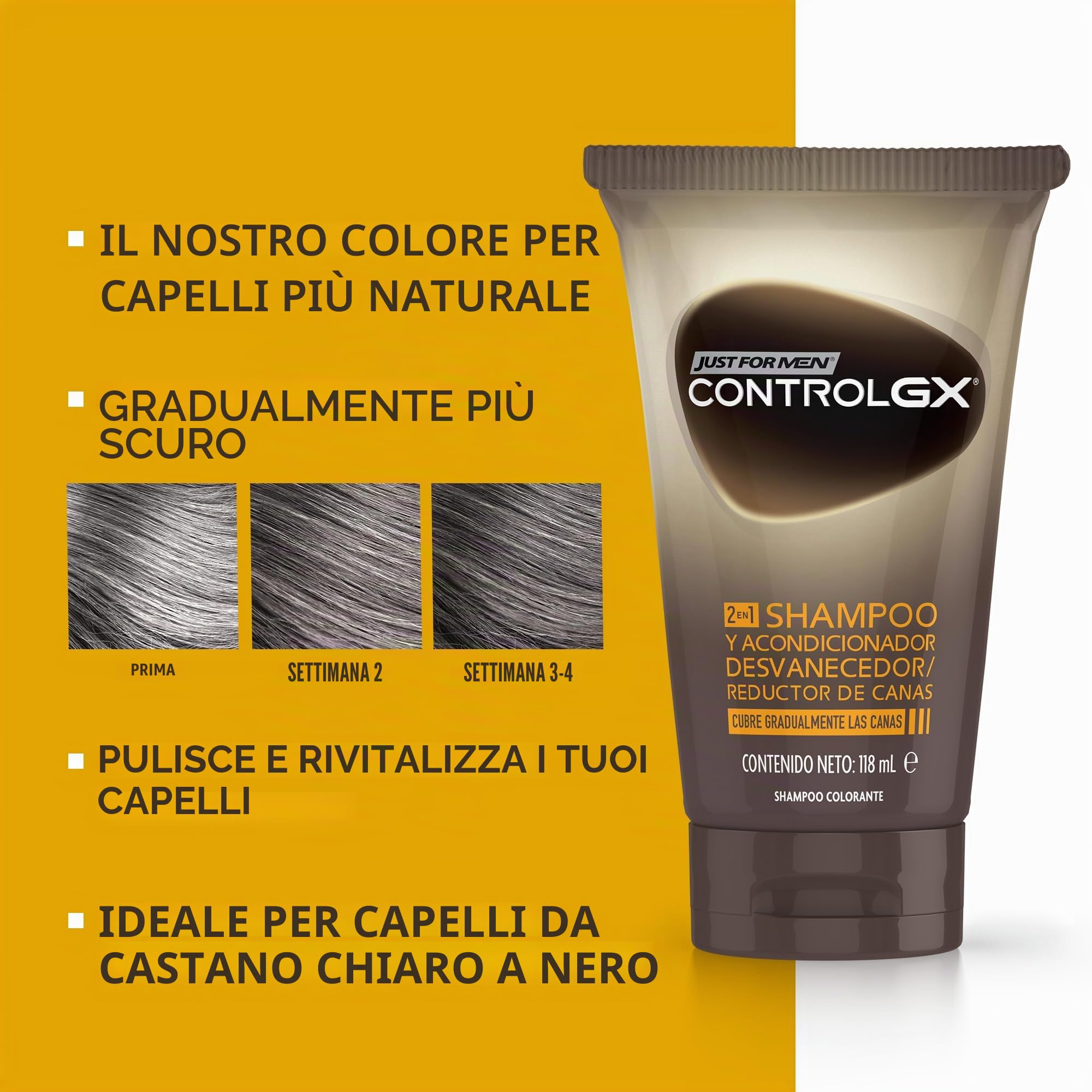 Just For Men Controllo GX Shampoo e Balsamo per capelli grigi uomo, riduce gradualmente e permanentemente i capelli grigi in ogni lavaggio, per tutte le tonalità, 118 ml (3 confezioni)
