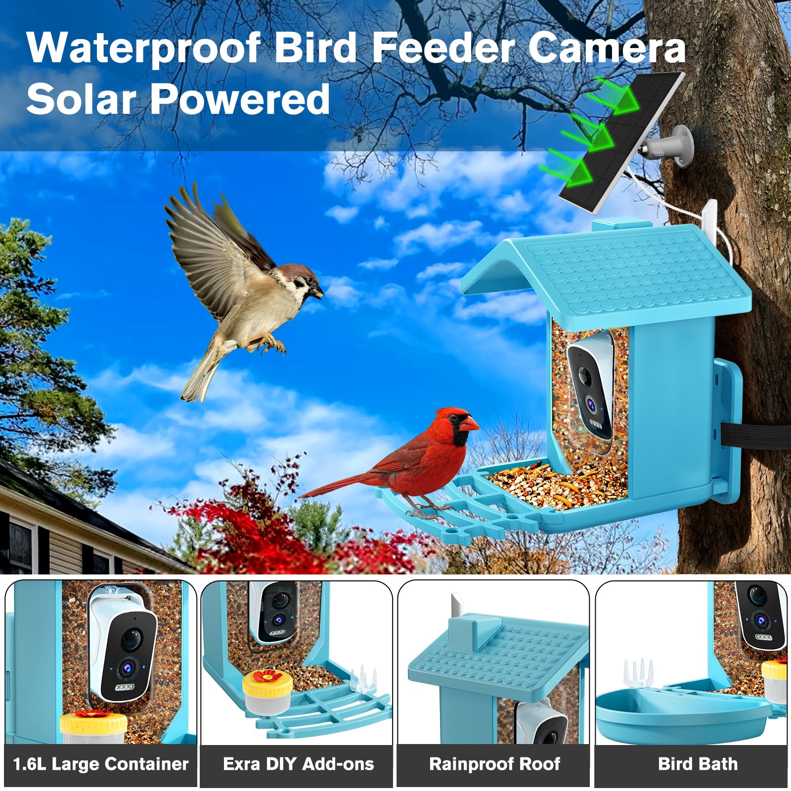 Smart Bird Feeder with Camera Solar Powered, AI Birds Species Identification, 2.5K HD Video Bird House with Camera for Outside, Weatherproof Design Ideal Gifts for Christmas, Bird Lovers, Blue - Image 4