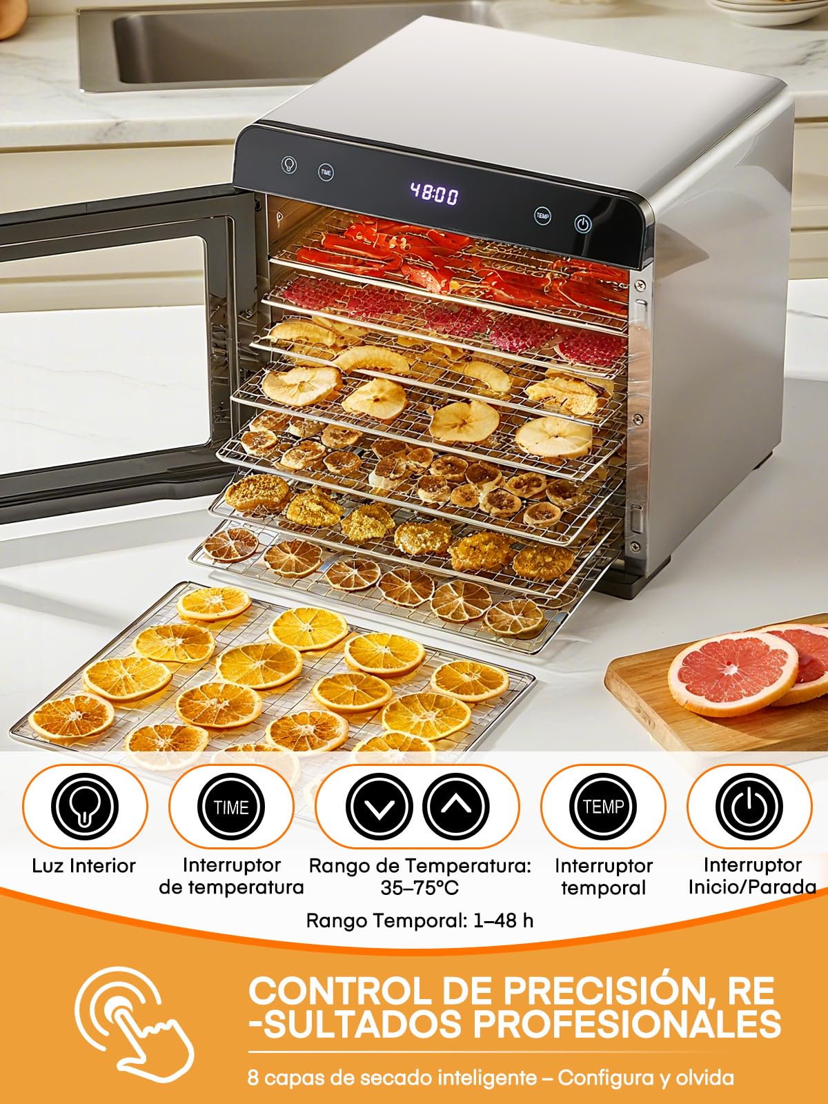 FOHERE Deshidratador de Alimentos Profesional 8 Bandejas Acero Inox., Silencioso <40dB Uso Nocturno, Control Temp. 35-75°C Temp. 48h, Frutas Verduras Cecina Setas Hierbas Snacks Bebé Sin BPA