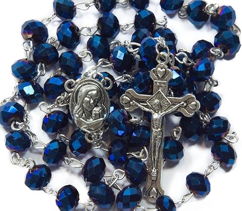 Nazareth Store Rosario de cuentas de cristal azul profundo collar católico medalla de tierra sagrada crucifijo bolsa de terciopelo