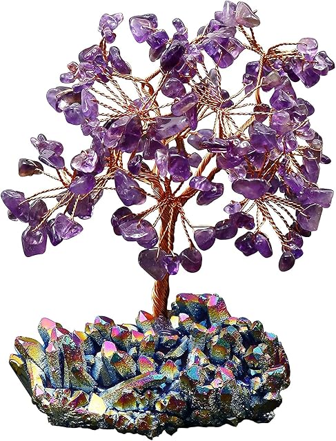 FASHIONZAADI Amethyst Gemstone Tree Quartz Cluster Titanium Crystal Base Money Tree For Feng Shui Bonsai Ornaments Lucky Charm Best House Decoration Spiritual Gift Size :- 5.5-5.7 Inch Copper Wire