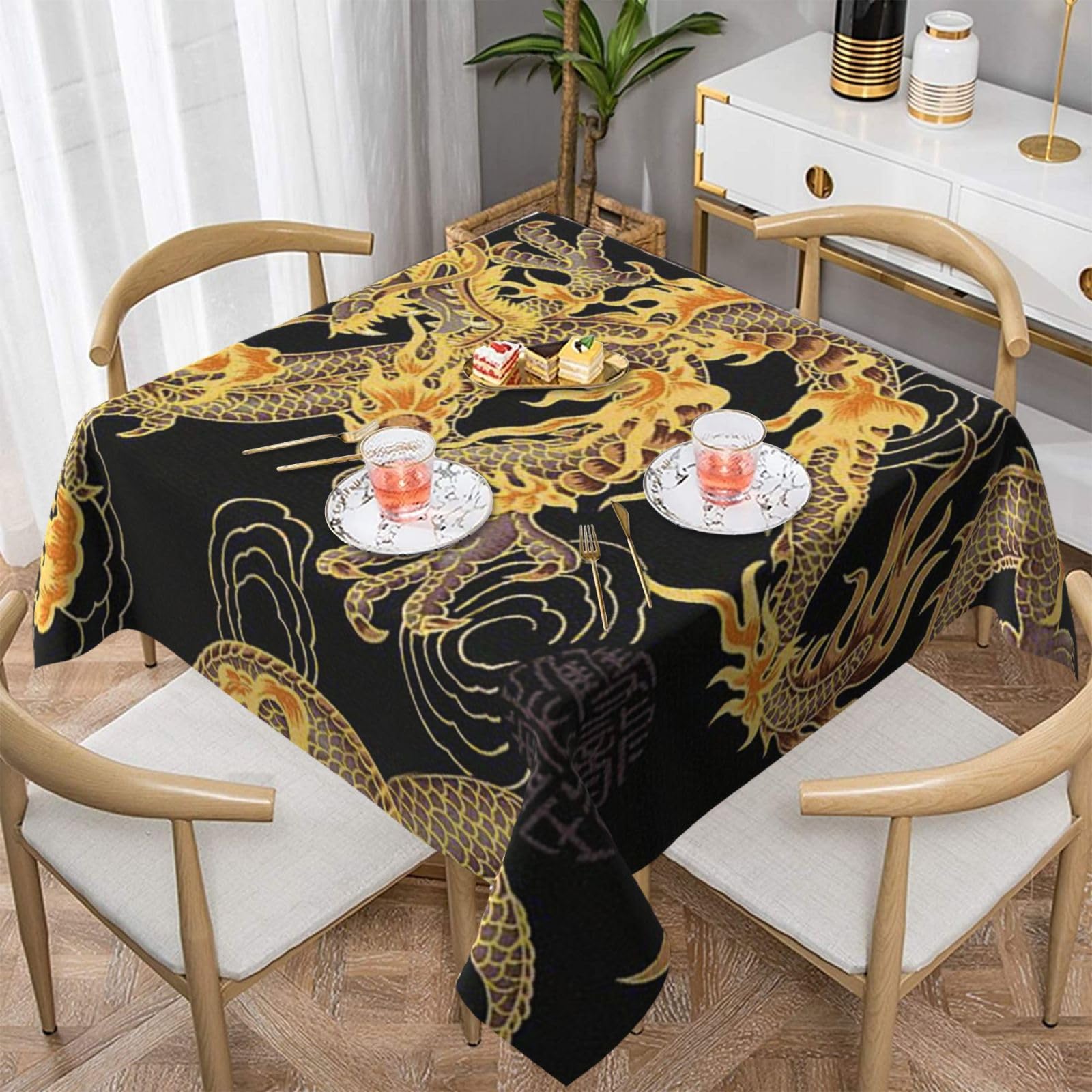 DCEHGEW Yellow Dragon Prints Square Tablecloth 152x152 CM, Waterproof Fabric Table Cloth for Dining Table, Farmhouse Table Cover for Kitchen Dining Tabletop Decoration