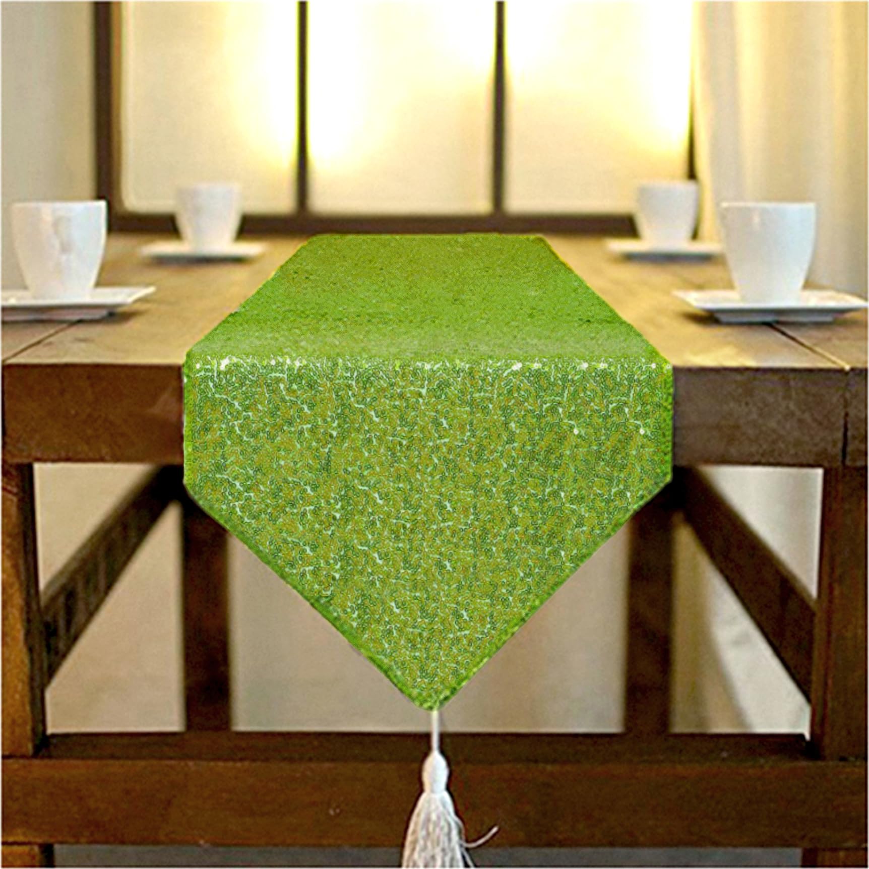 ShinyBeauty 12x72-Inch-Olive Green-Sequin Table Runner with Tassel for Dining Decoration-Sequin Dresser Scarves for Wedding Event (12x72, Olive Green)