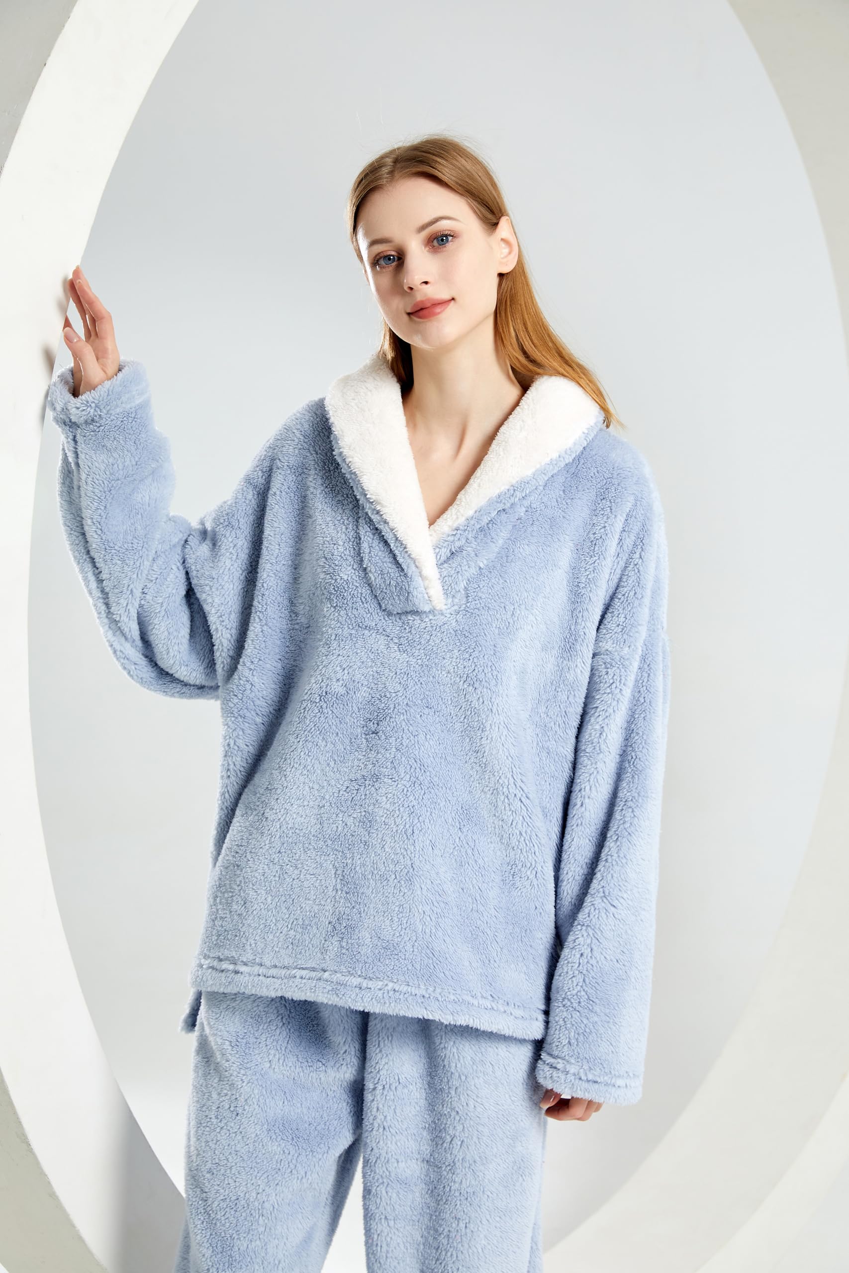 Famulily Conjunto de pijama de forro polar para mujer, cuello de chal, mullido, suave, acogedor, parte inferior esponjosa, ropa de dormir para invierno