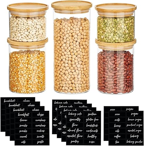 mDesign Recipiente de almacenamiento de vidrio con tapa de bambú hermética y etiquetas adhesivas cursivas preimpresas para encimera de cocina, el