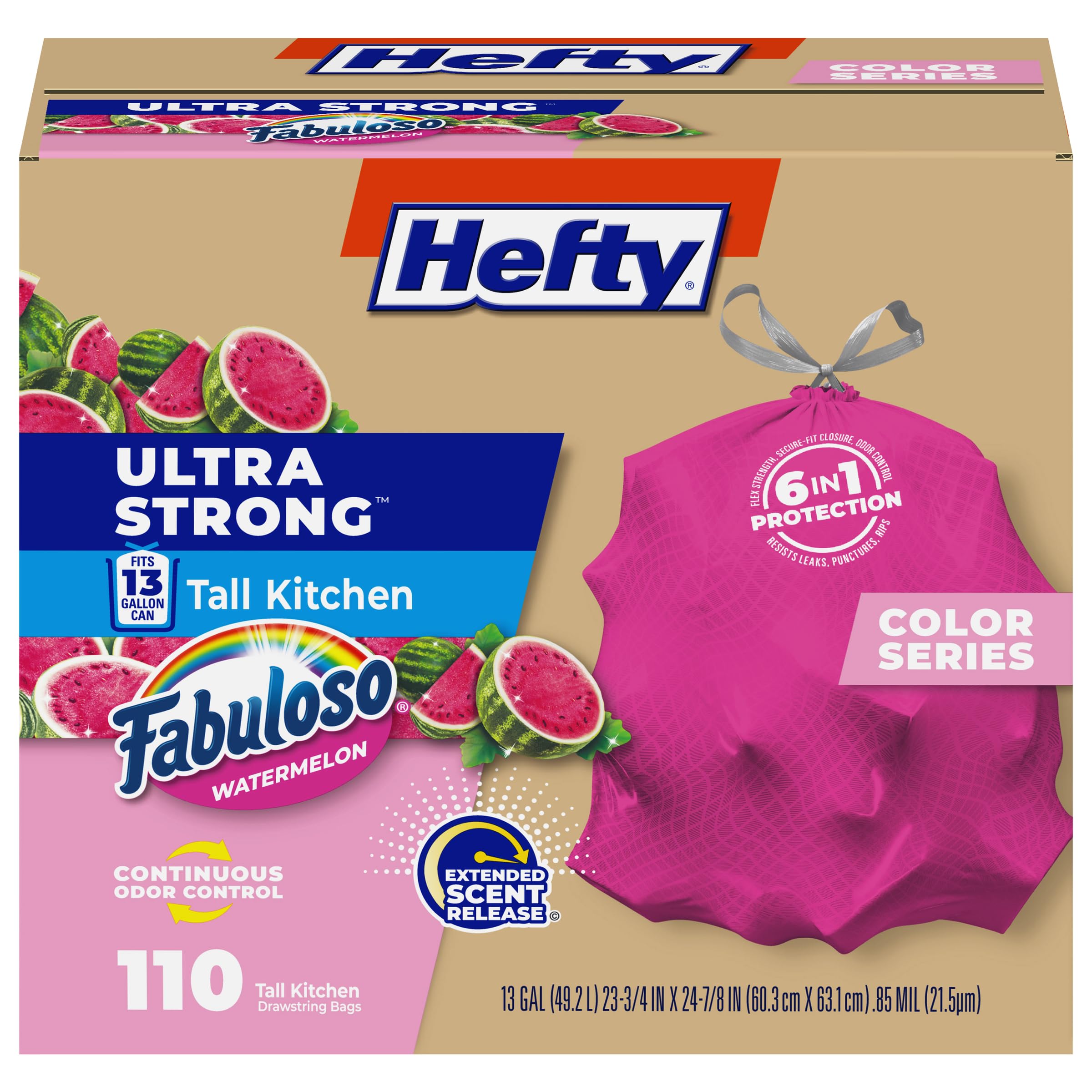 Hefty Ultra Strong 13 Gal Pink Kitchen Trash Bags, Watermelon Scent, 110ct | Bulk Pack, 13G Tall Pink Trash Bags with Drawstrings for Kitchen, Resists Leaks, Continuous Odor Control, Fabuloso Watermelon