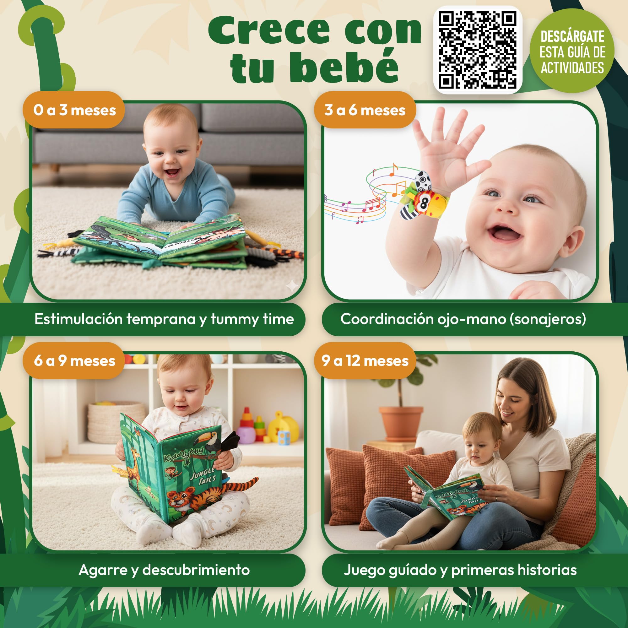 Set Sensorial Premium para Bebés 0-12 Meses: Libro de Tela Interactivo Jungle Tails + Calcetines y Muñequeras con Sonajeros | Estimulación Temprana Multisensorial | Regalo Educativo