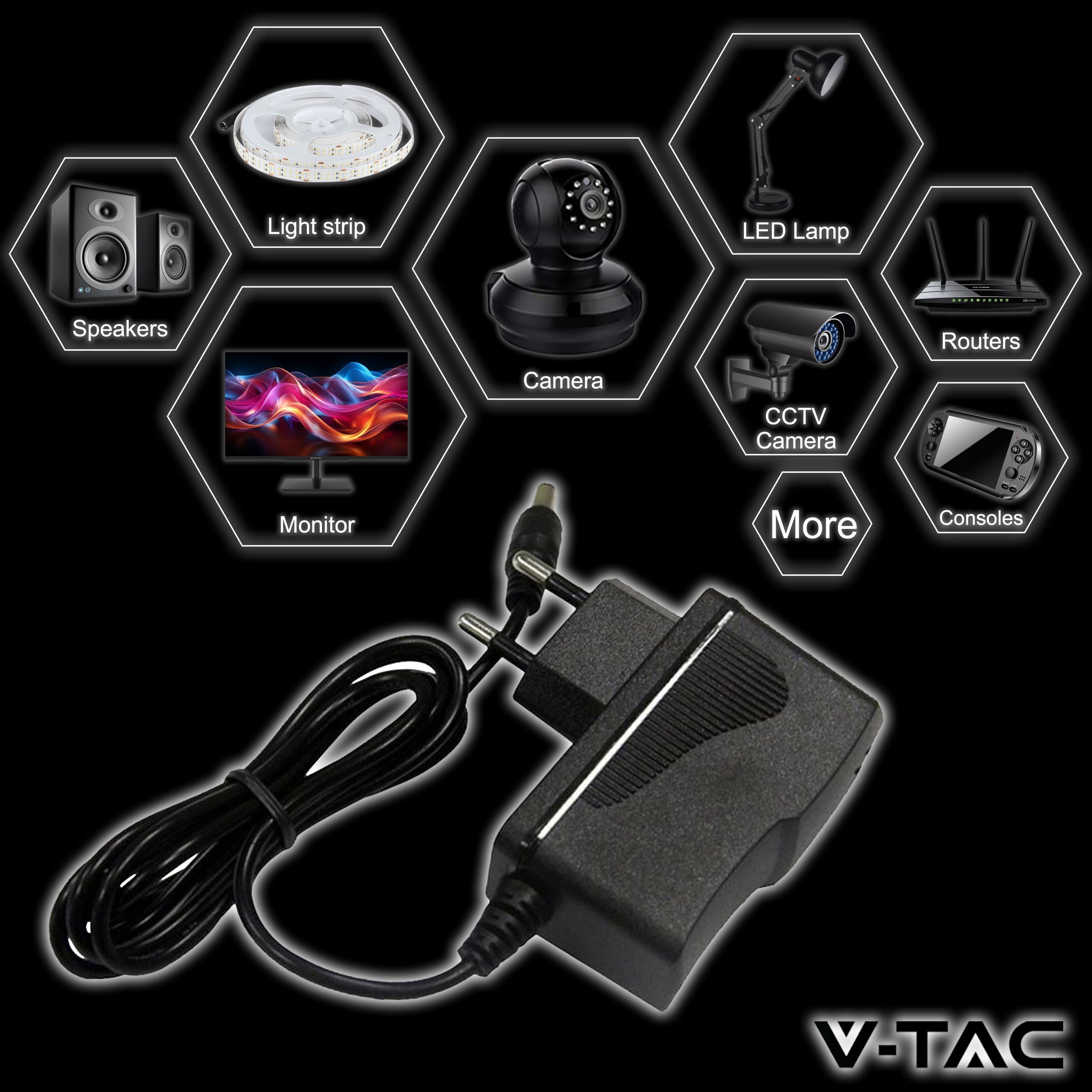 V-TAC Zasilacz 12 V 18 W, 1,5 A do kamer, taśmy LED, modem - transformator 12 V Plug&Play z wtyczką domową do ekranów i urządzeń elektronicznych - Wejście AC 100-240 V - 50/60 Hz