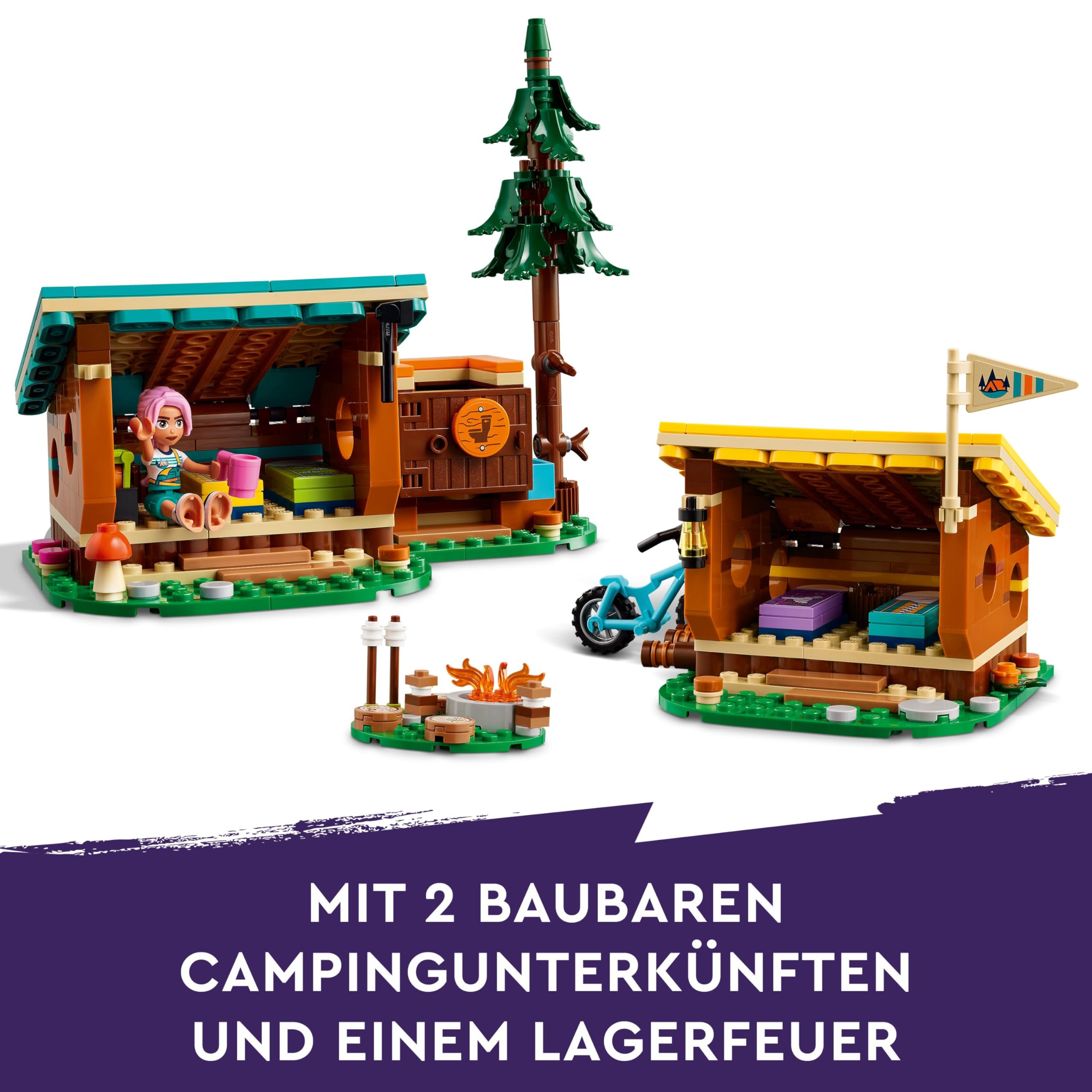 LEGO Friends Gemütliche Hütten im Abenteuercamp, Spielset für Rollenspiele in freier Natur, Kinderspielzeug für Mädchen und Jungen ab 7 Jahren mit 3 Spielfiguren und Fuchs, Camping-Spielzeug 42624