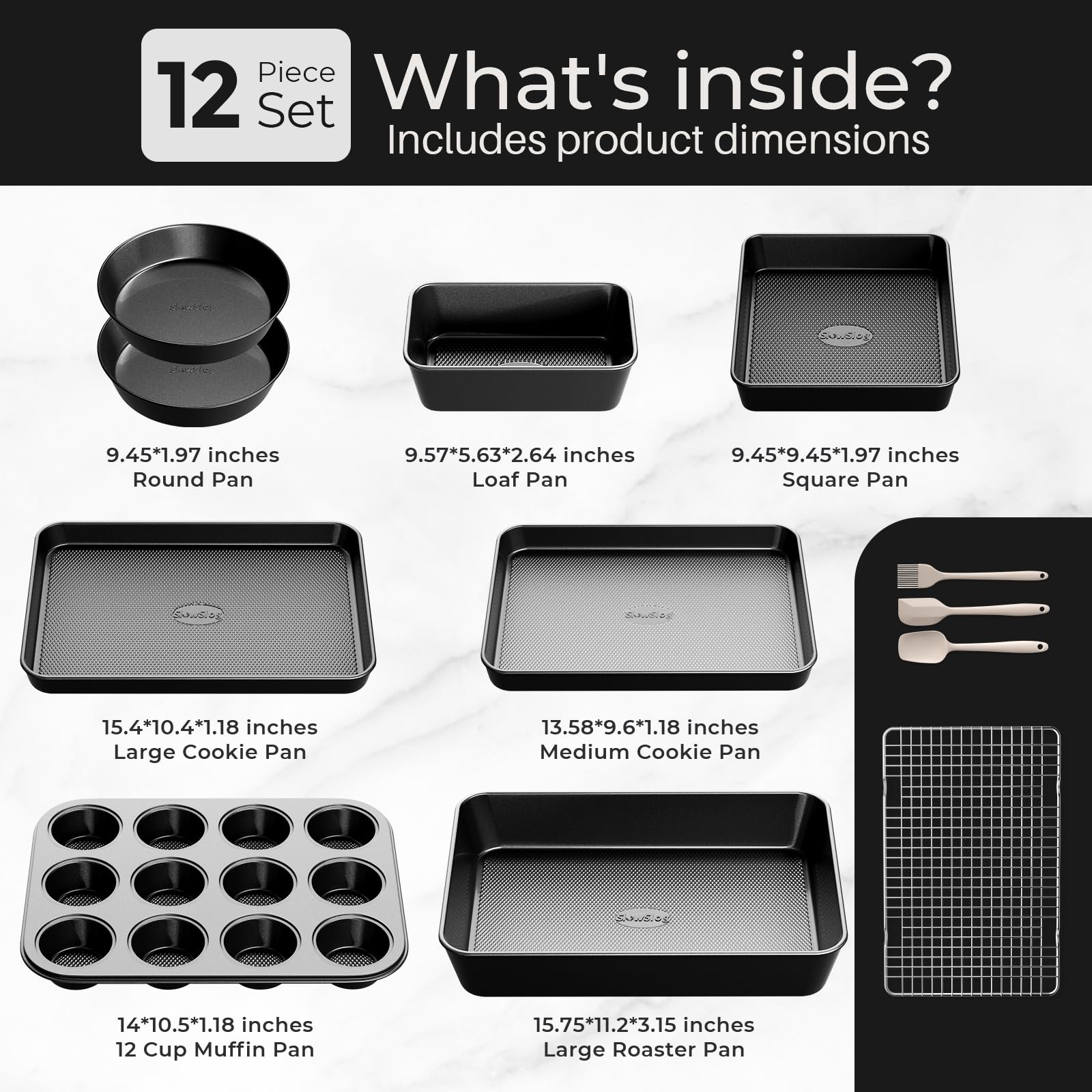 Antihaft-Backformen-Set, stapelbar, ungiftig, Schwarz, 12-teilig | Ofenfestes Backformen-Set mit Gestell und Küchenutensilien, Keksblech-Set, Kuchenform, Muffinform, Kastenform, Bräter