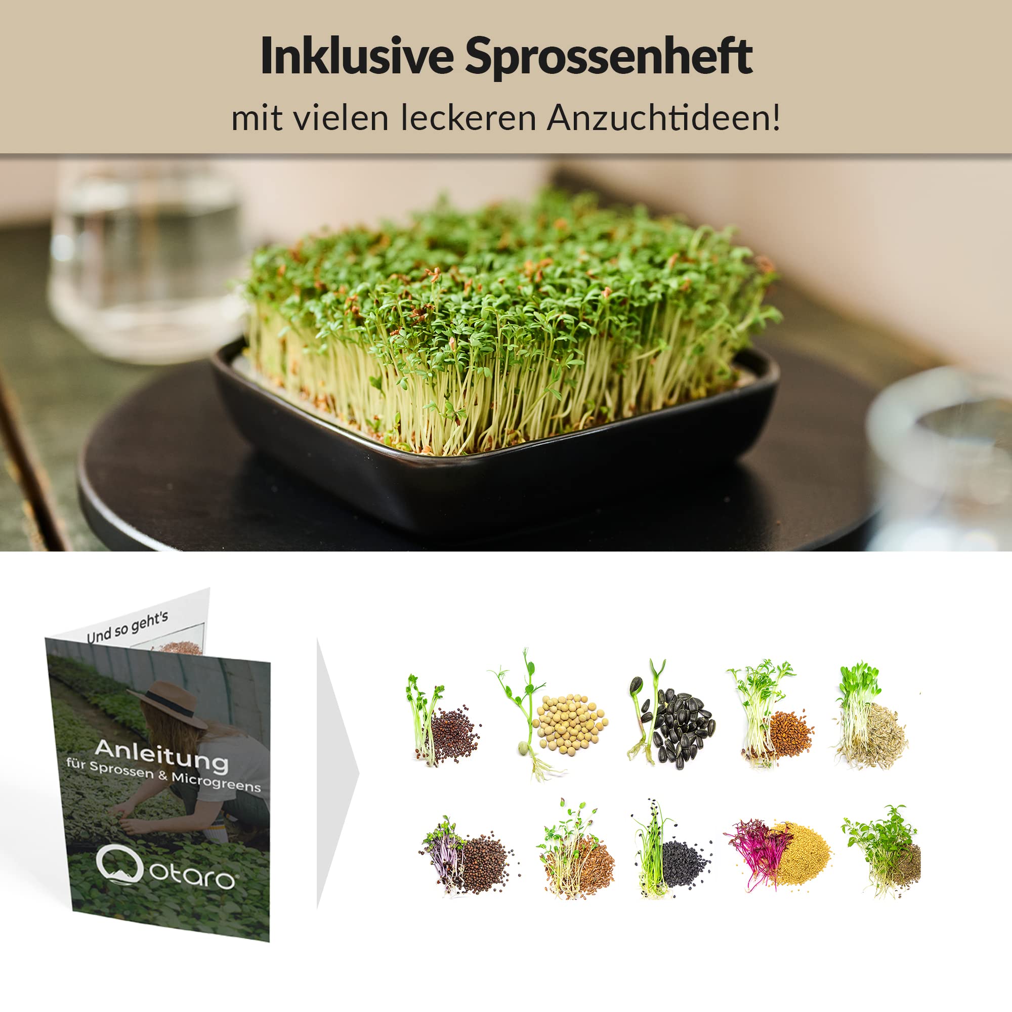Otaro Kresse Anzuchtschalen inkl. Kressesamen aus Deutschland | Direkt Loslegen | Sprossen Anzuchtset | Edles Kressesieb | Keimschalen für Sprossen | (Schwarz - Premium Keramikset)