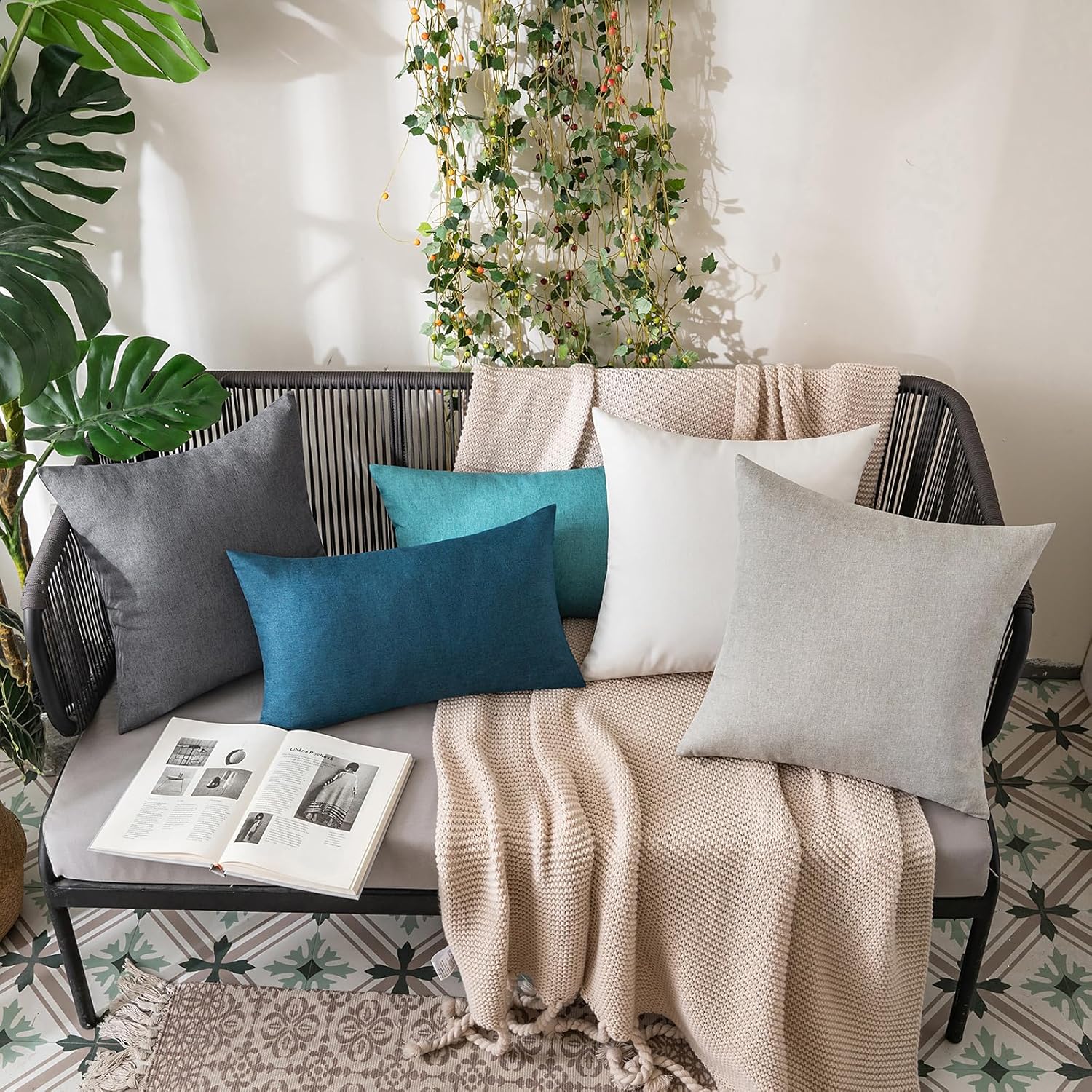 MIULEE Pack of 2 Decorative Outdoor Solid Waterproof Throw Pillow Covers Faux Linen Garden Farmhouse Coastal Cushion Cases for Summer Patio Tent Balcony Couch Sofa 20x12 Inch Blue - Image 5