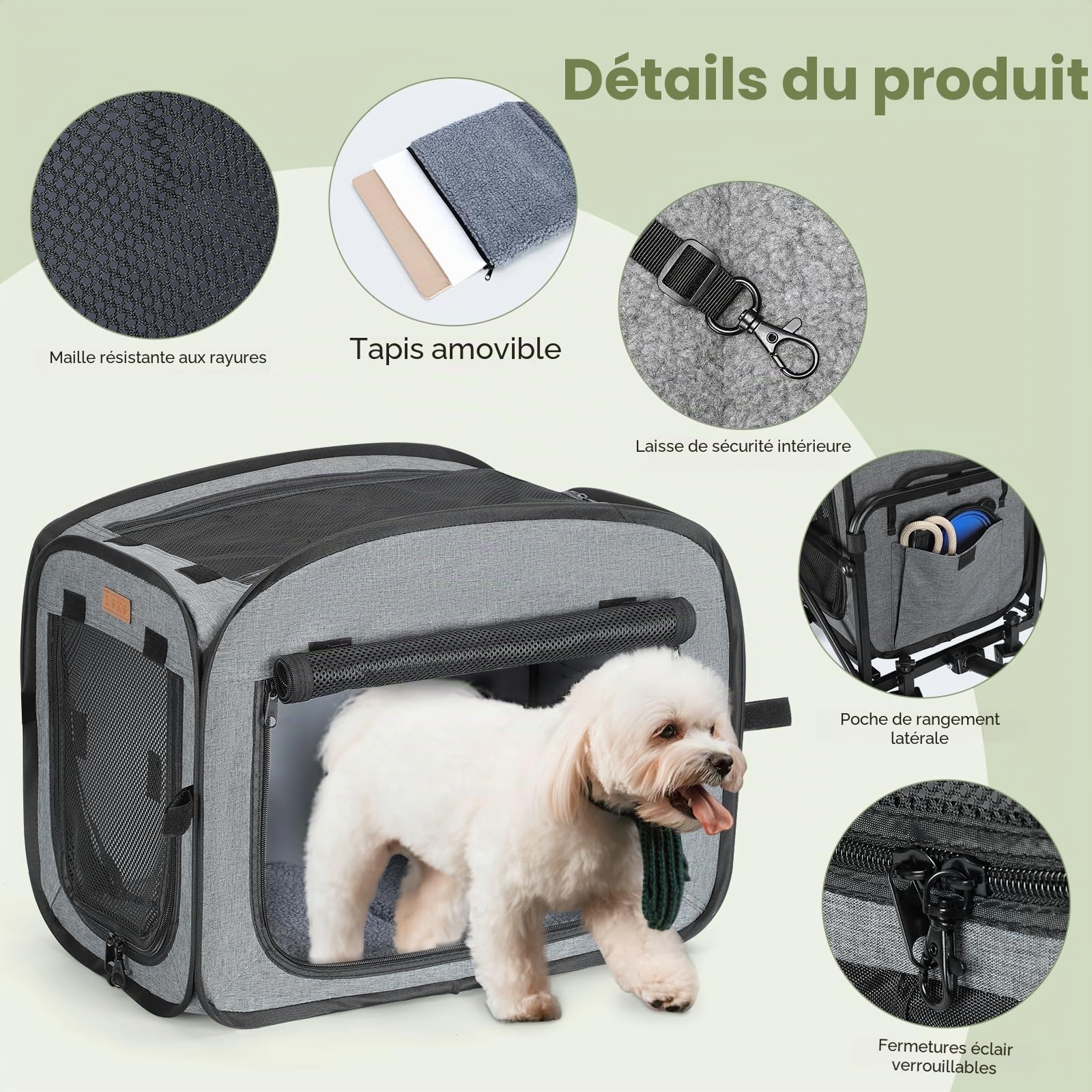 Transporteur de chien avec roues - Grande poussette pour chiens et chats - 18 kg - Carrosse à roulettes avec grandes roues tout-terrain (gris)