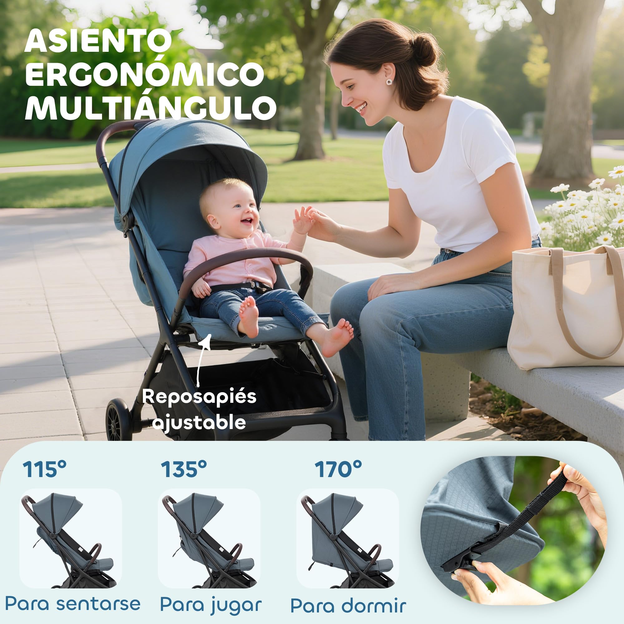 AIYAPLAY Silla de Paseo Ligera con Respaldo Reclinable y Reposapiés Ajustable, Carrito para Bebé Plegable, Capota, Arnés de 5 Puntos, Ruedas con Suspensión, Soporta hasta 15 kg, Azul Oscuro