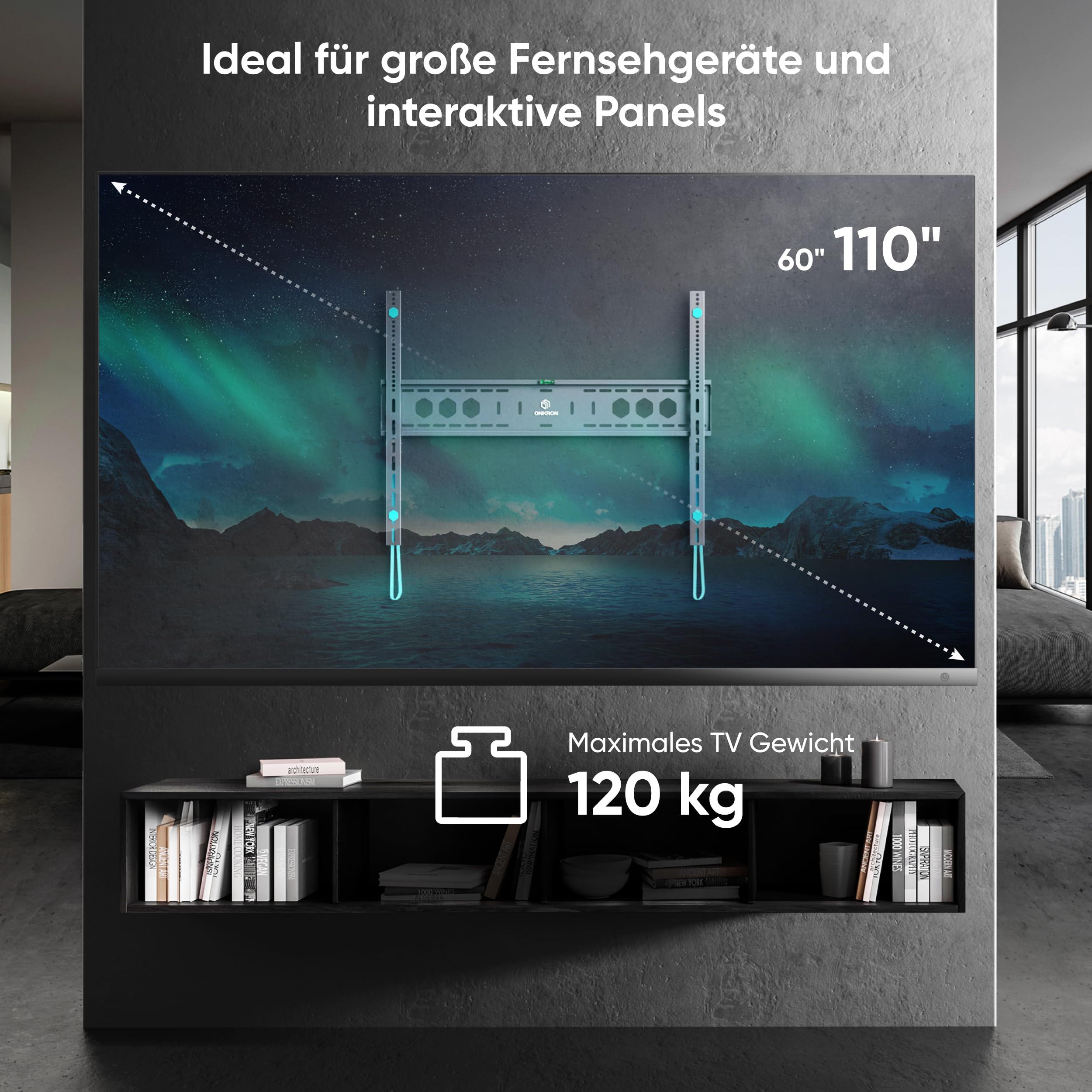 ONKRON TV Wandhalterung flach für 60-110 Zoll Fernseher bis zu 120 kg, Ultra Slim Wandhalterung Fernseher fest, TV Halterung starr mit max VESA 900x600, große Fernsehhalterung Wand Schwarz UF12-B