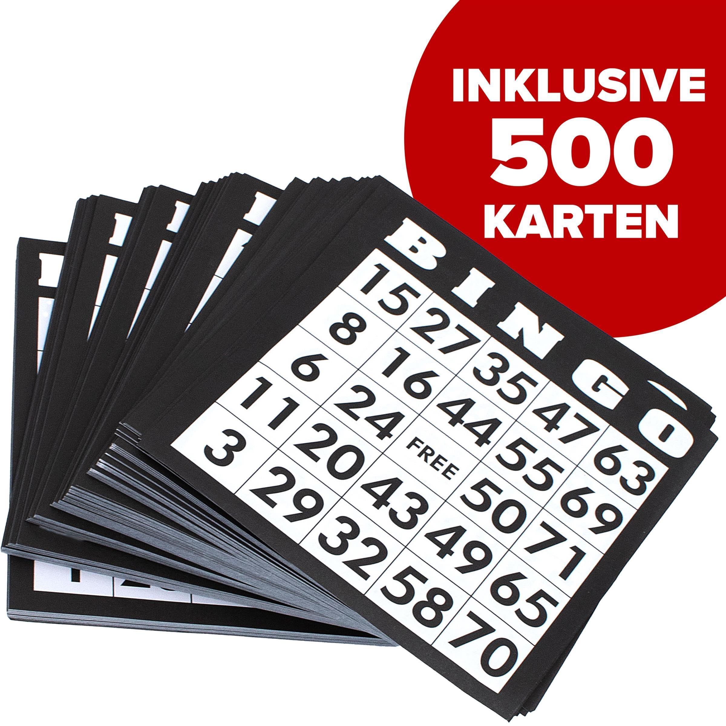 Kyto Bingo Spiel Trommel XXL Gold - 75 Kugeln, 18 Wiederverwendbare Bingokarten + 500 Stift-Karten, Holzspielset für Erwachsene, Kinder und Senioren