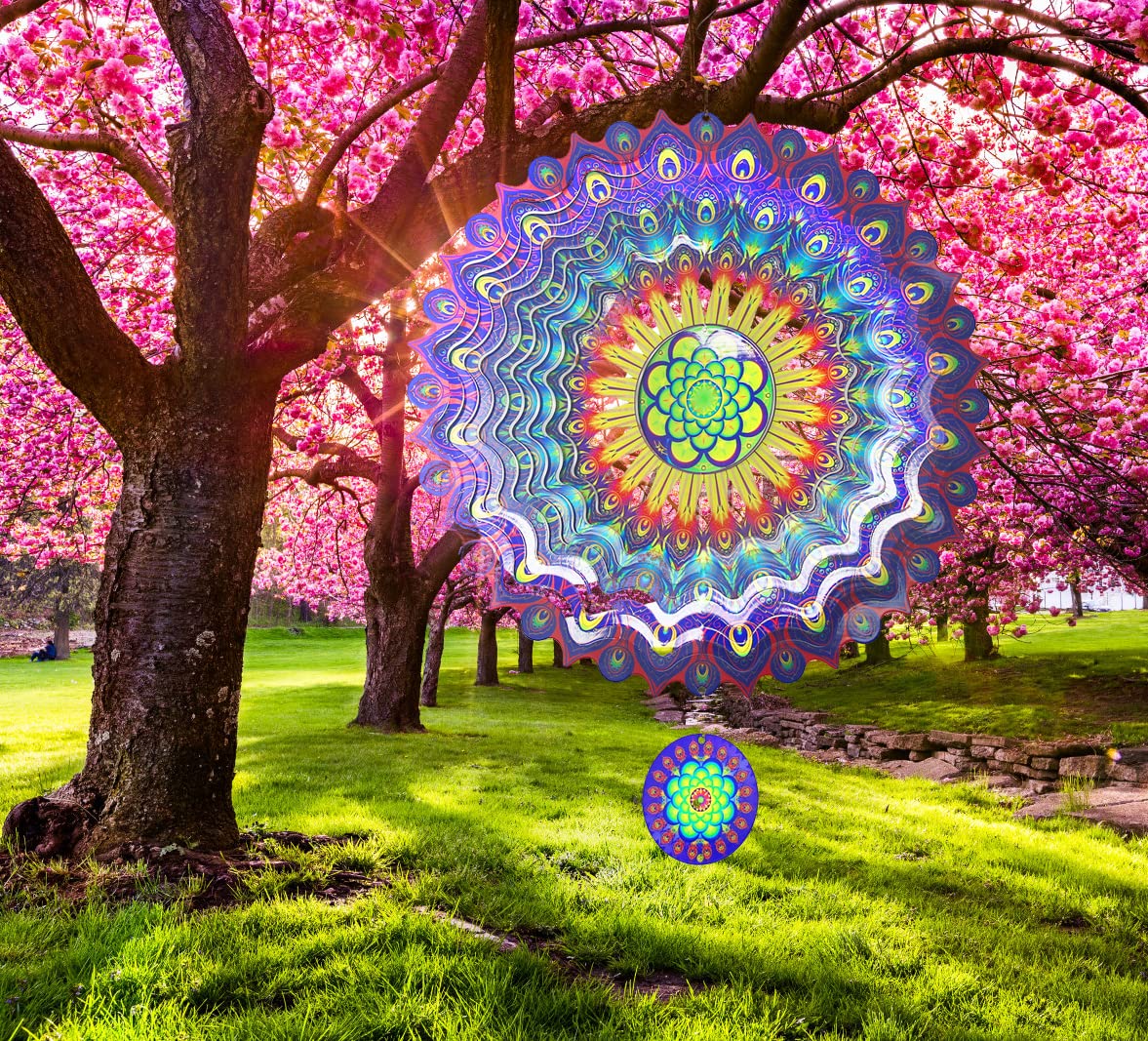 Molinillos de viento de mandala 3D de 12 pulgadas, esculturas cinéticas colgantes de acero inoxidable, corte láser, arte de mandalas de metal, decoración colgante de estrella para interiores y
