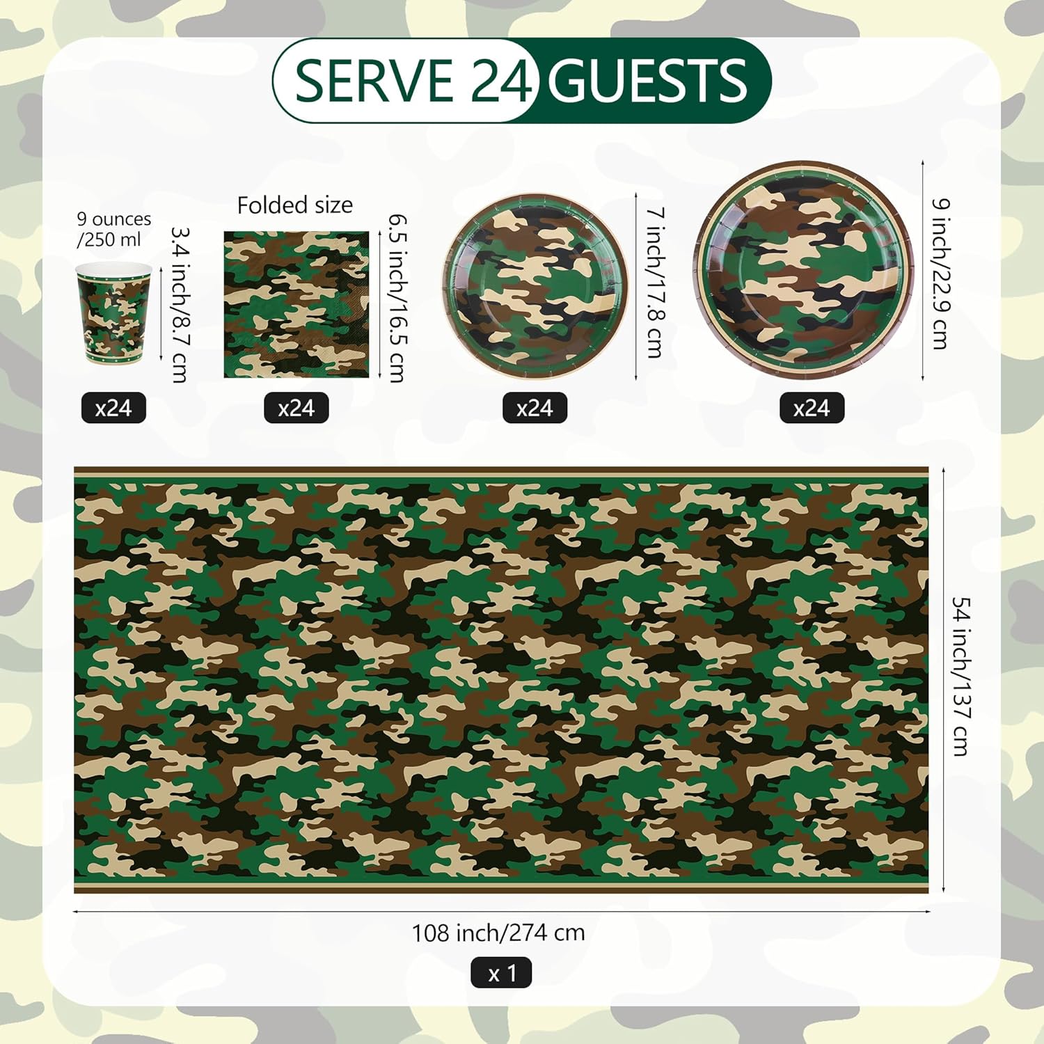 Kochorie 97 Pieces Camouflage Party Supplies for 24 Guests Camo Plastic Tablecloth Camo Paper Plates Napkins Cups for Camouflages Hunting Army Military Civil War Birthday Party Decorations