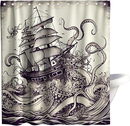 Juego de cortinas de ducha náuticas de tela, diseño de pulpo, monstruo, velero, decoración de baño con ganchos, impermeable, lavable, 72 x 72