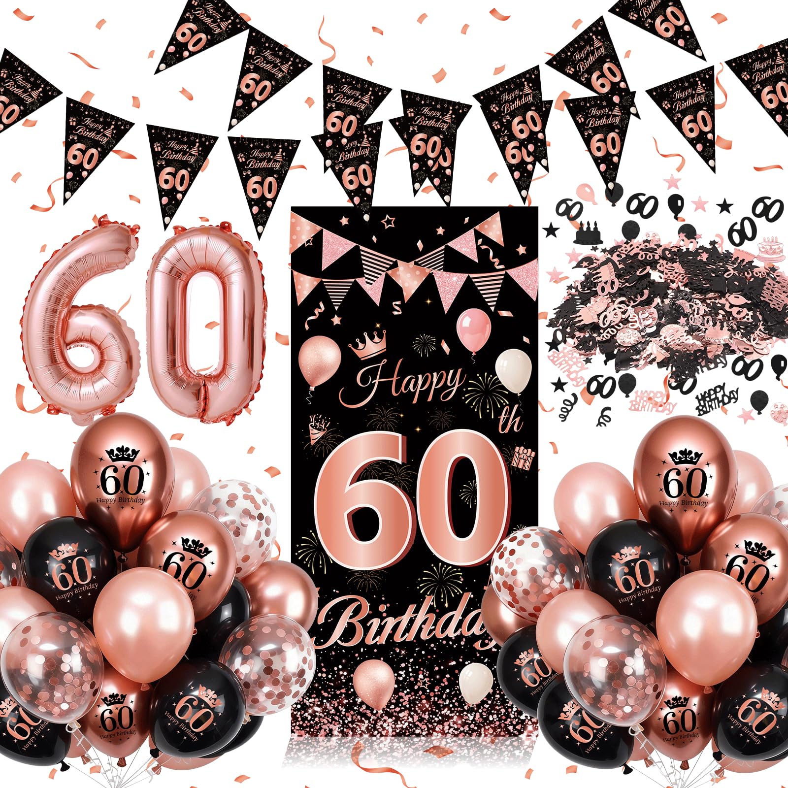 60th birthday decorations for women,Black Rose Gold 60th birthday balloons,60th birthday banners for women,foil number 60 balloons and confetti for 60th party decorations